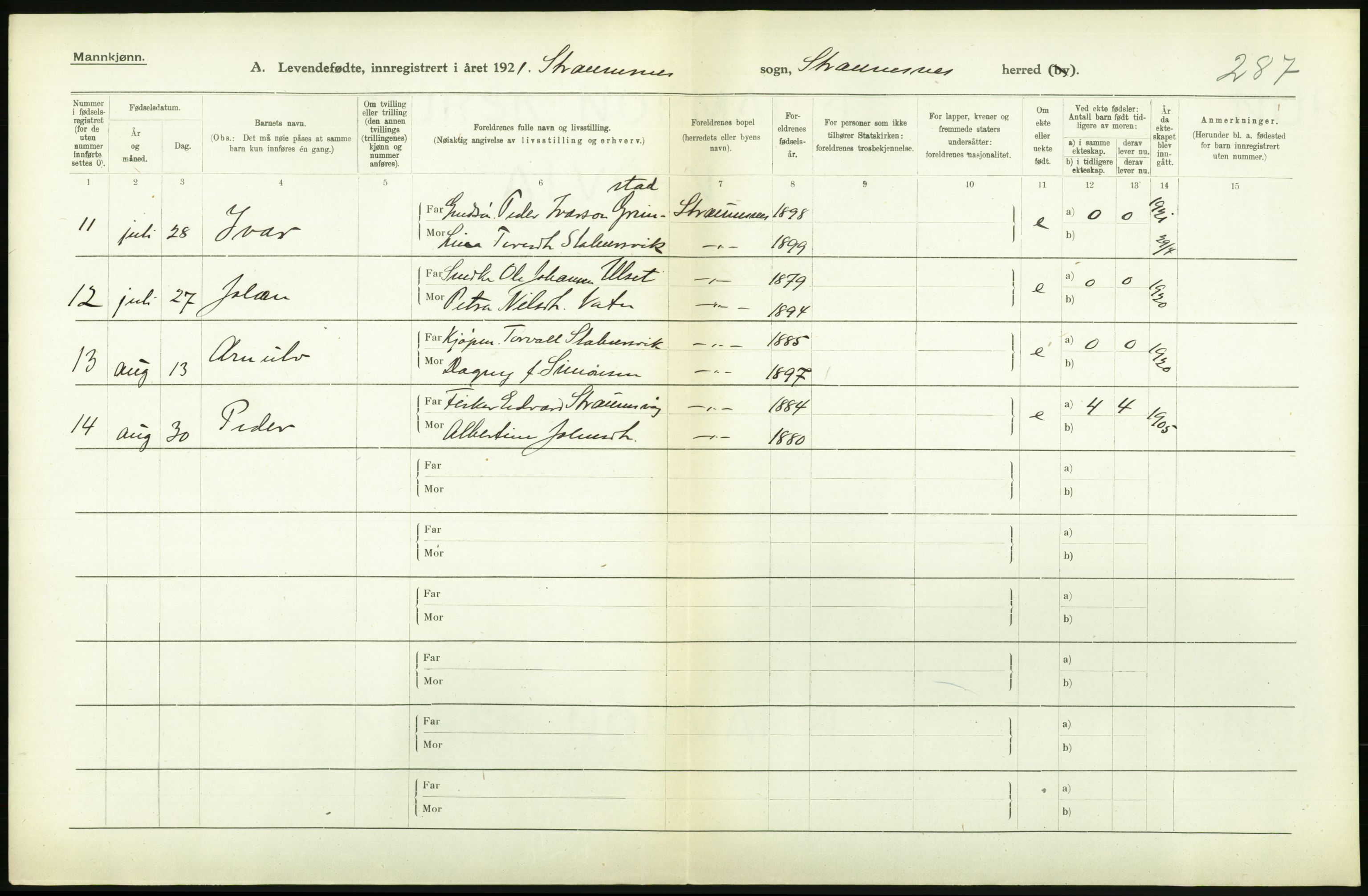 Statistisk sentralbyrå, Sosiodemografiske emner, Befolkning, AV/RA-S-2228/D/Df/Dfc/Dfca/L0040: Møre fylke: Levendefødte menn og kvinner. Bygder., 1921, p. 566