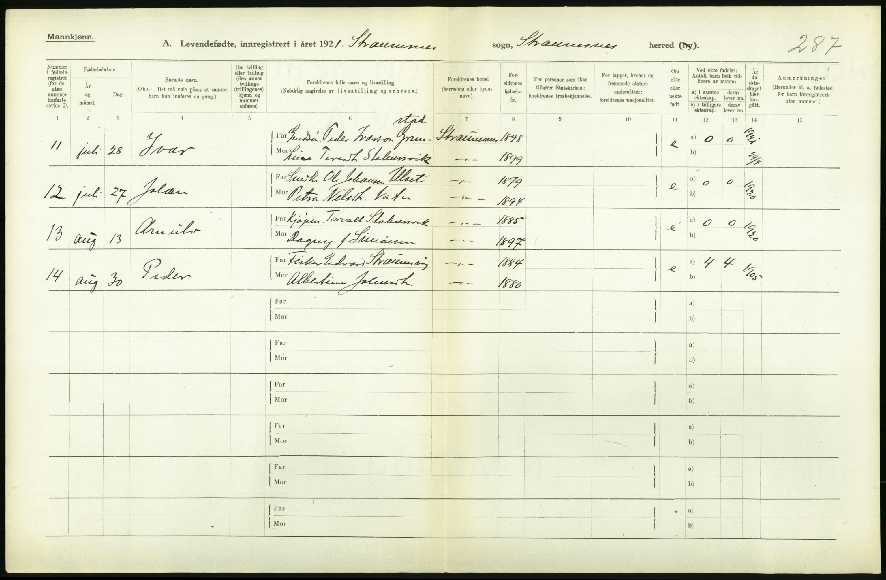 Statistisk sentralbyrå, Sosiodemografiske emner, Befolkning, RA/S-2228/D/Df/Dfc/Dfca/L0040: Møre fylke: Levendefødte menn og kvinner. Bygder., 1921, p. 566