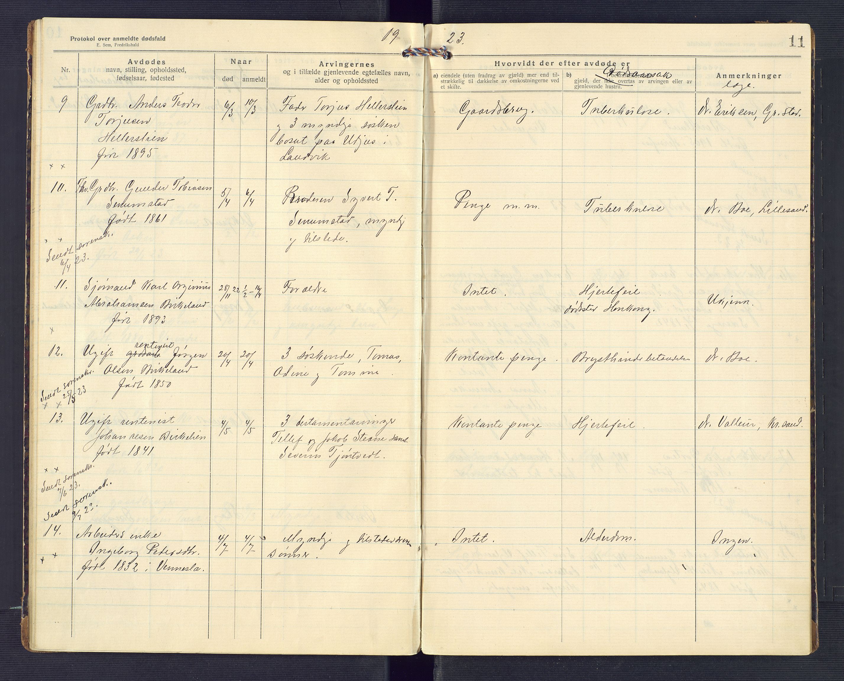 Birkenes lensmannskontor, AV/SAK-1241-0004/F/Fe/L0001/0002: Dødsfallsprotokoller / Dødsfallsprotokoll, 1920-1932, p. 11