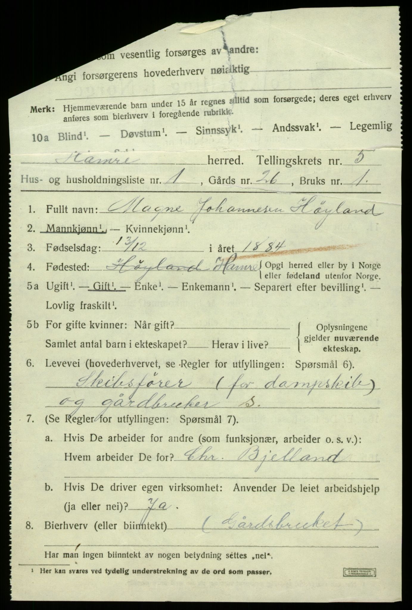 SAB, 1920 census for Hamre, 1920, p. 2864