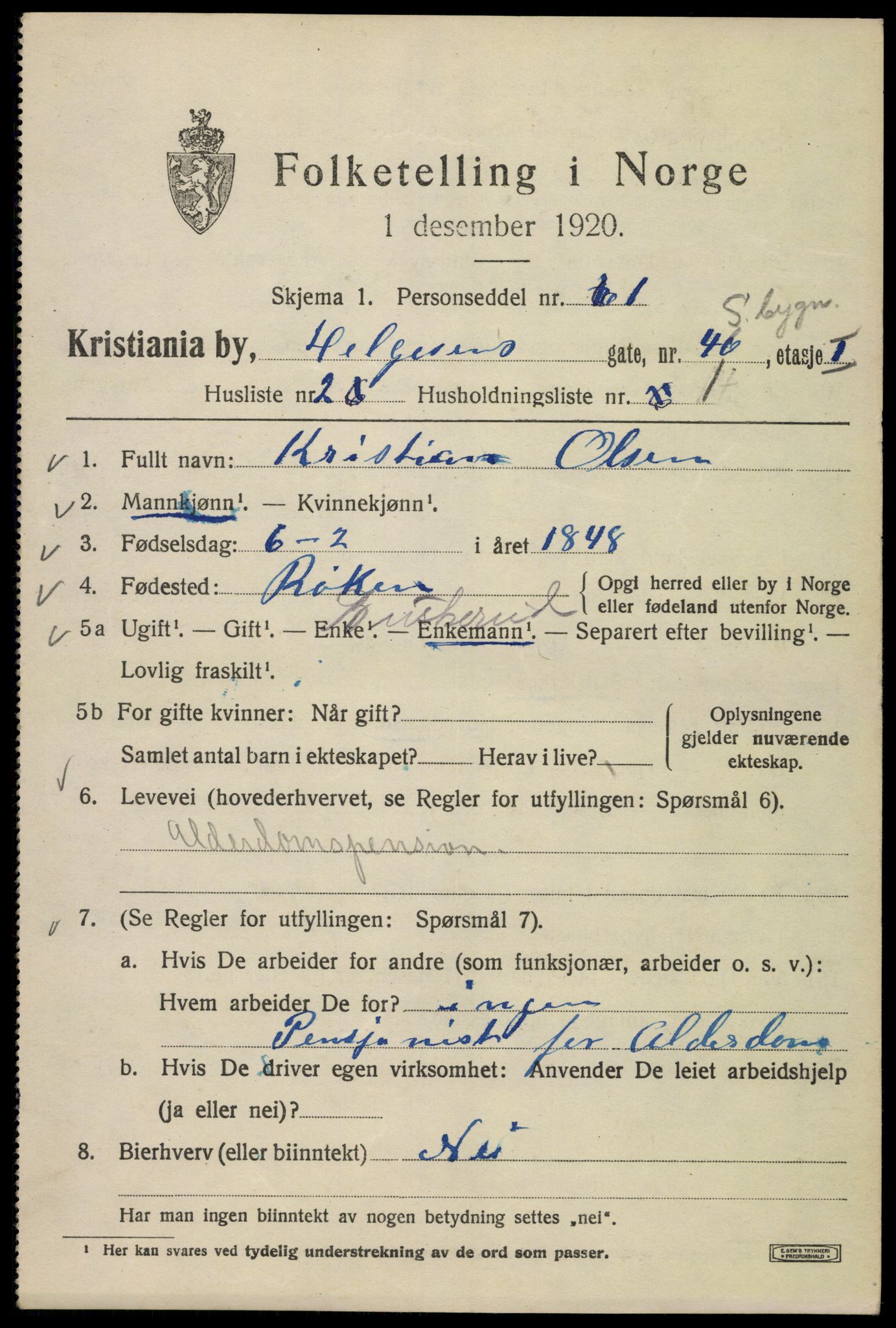 SAO, 1920 census for Kristiania, 1920, p. 285065