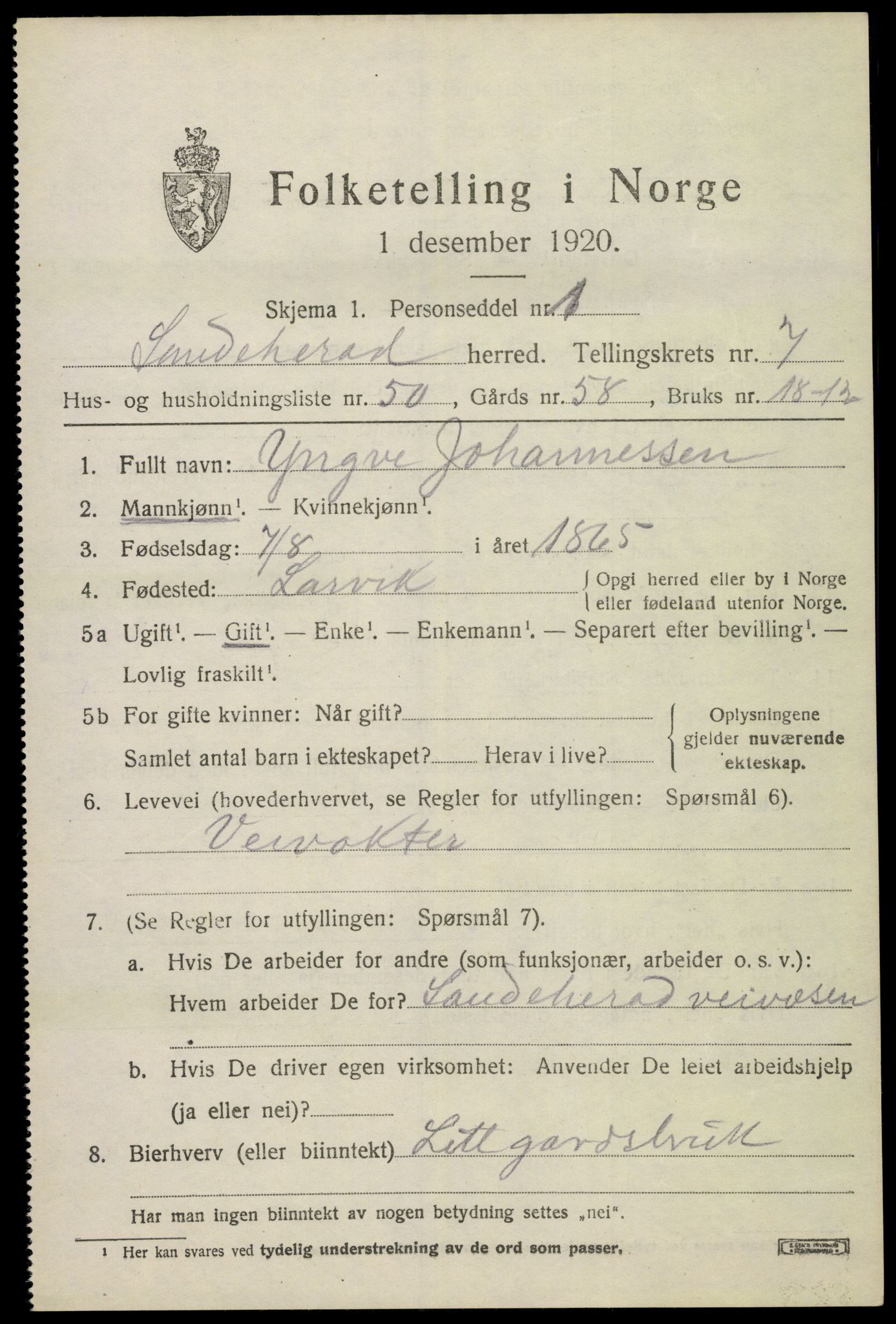 SAKO, 1920 census for Sandeherred, 1920, p. 12516