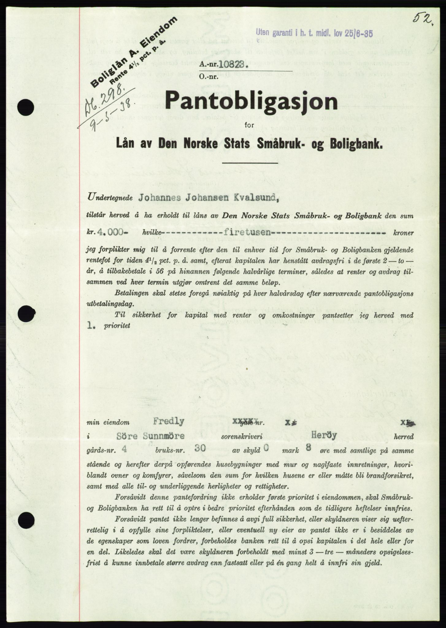 Søre Sunnmøre sorenskriveri, AV/SAT-A-4122/1/2/2C/L0065: Mortgage book no. 59, 1938-1938, Diary no: : 298/1938