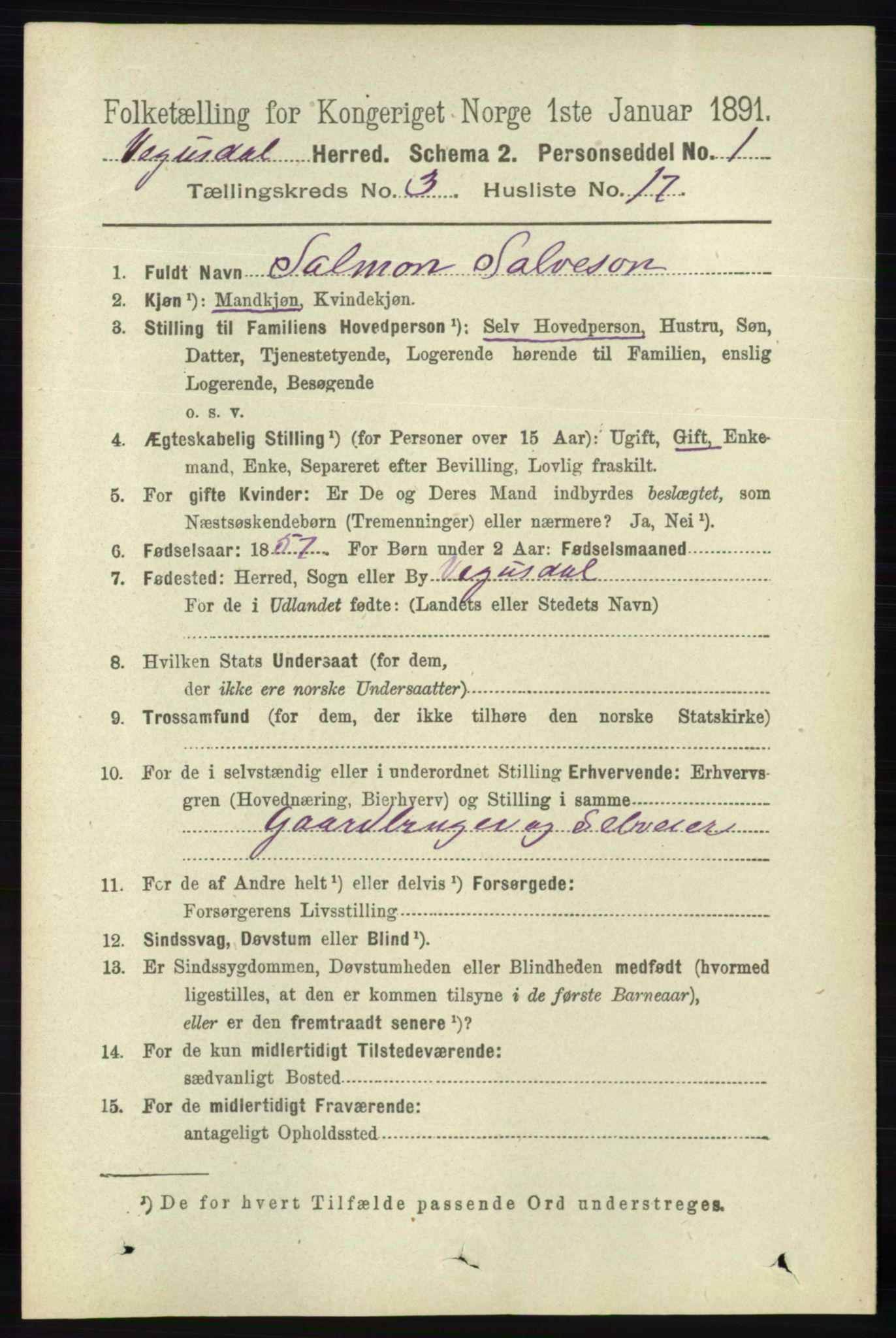 RA, 1891 census for 0934 Vegusdal, 1891, p. 680