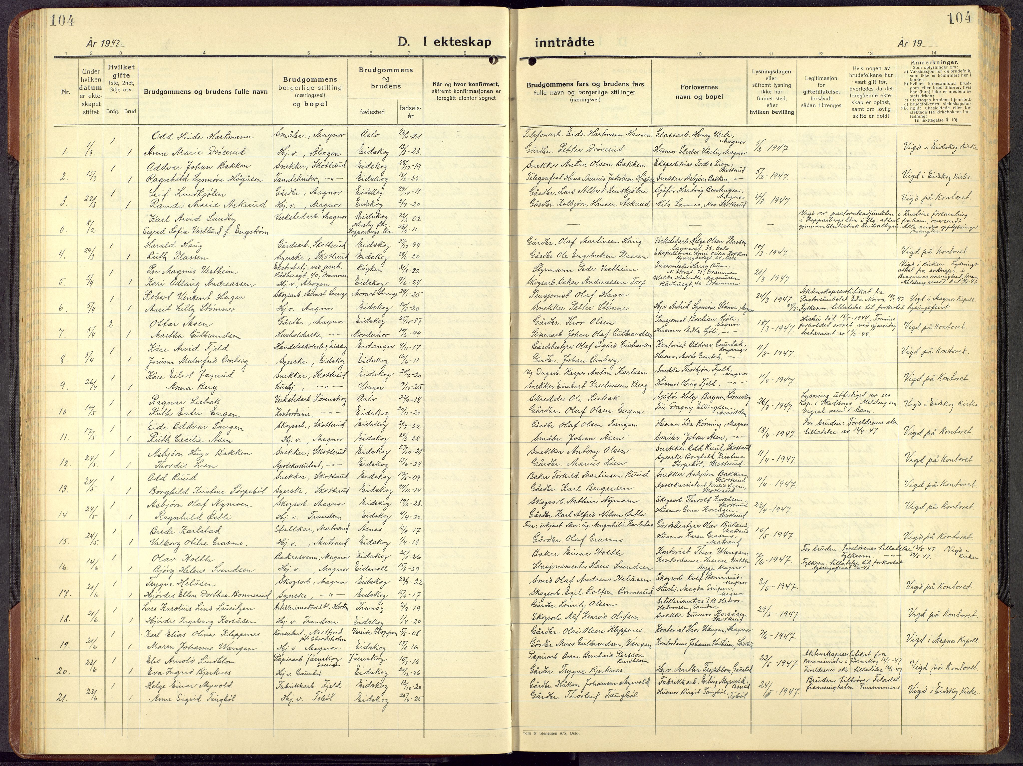 Eidskog prestekontor, AV/SAH-PREST-026/H/Ha/Hab/L0008: Parish register (copy) no. 8, 1938-1959, p. 104