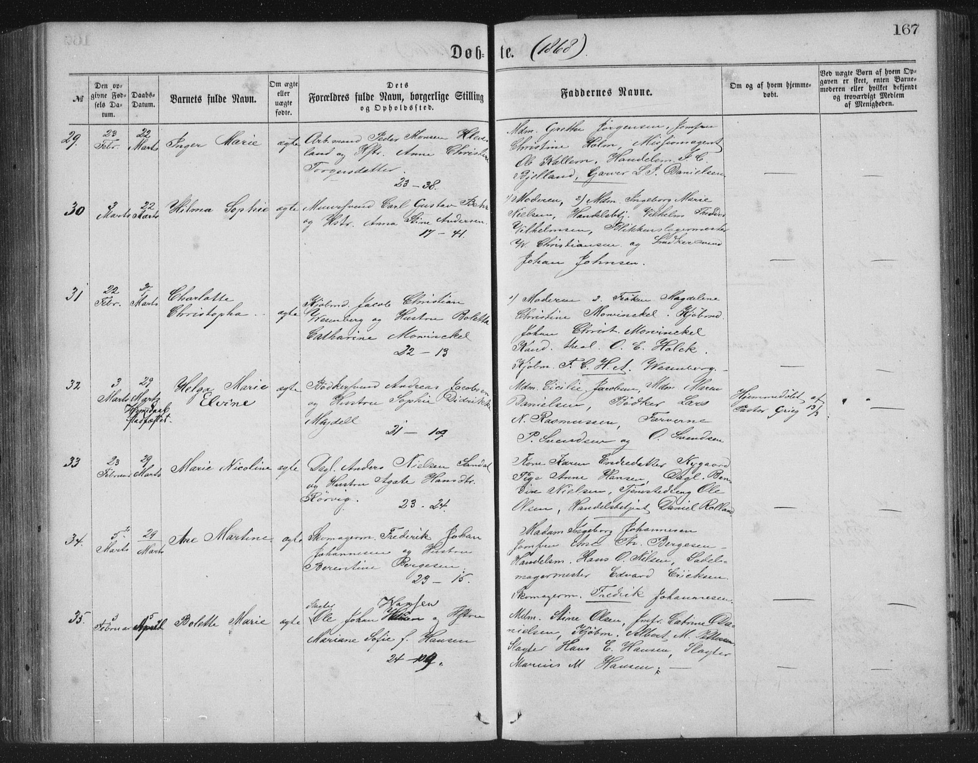 Korskirken sokneprestembete, AV/SAB-A-76101/H/Haa/L0019: Parish register (official) no. B 5, 1866-1871, p. 167