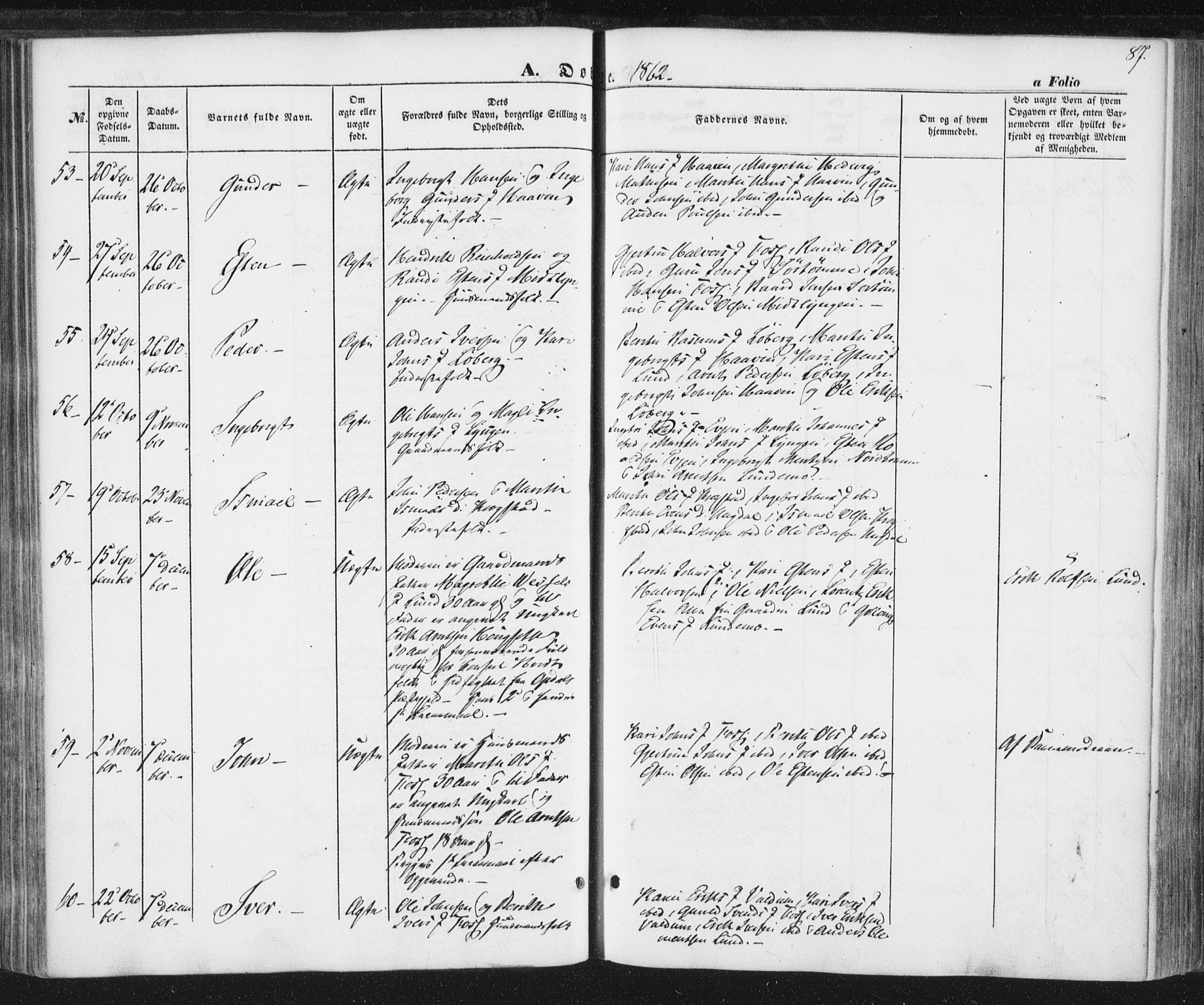 Ministerialprotokoller, klokkerbøker og fødselsregistre - Sør-Trøndelag, SAT/A-1456/692/L1103: Parish register (official) no. 692A03, 1849-1870, p. 87