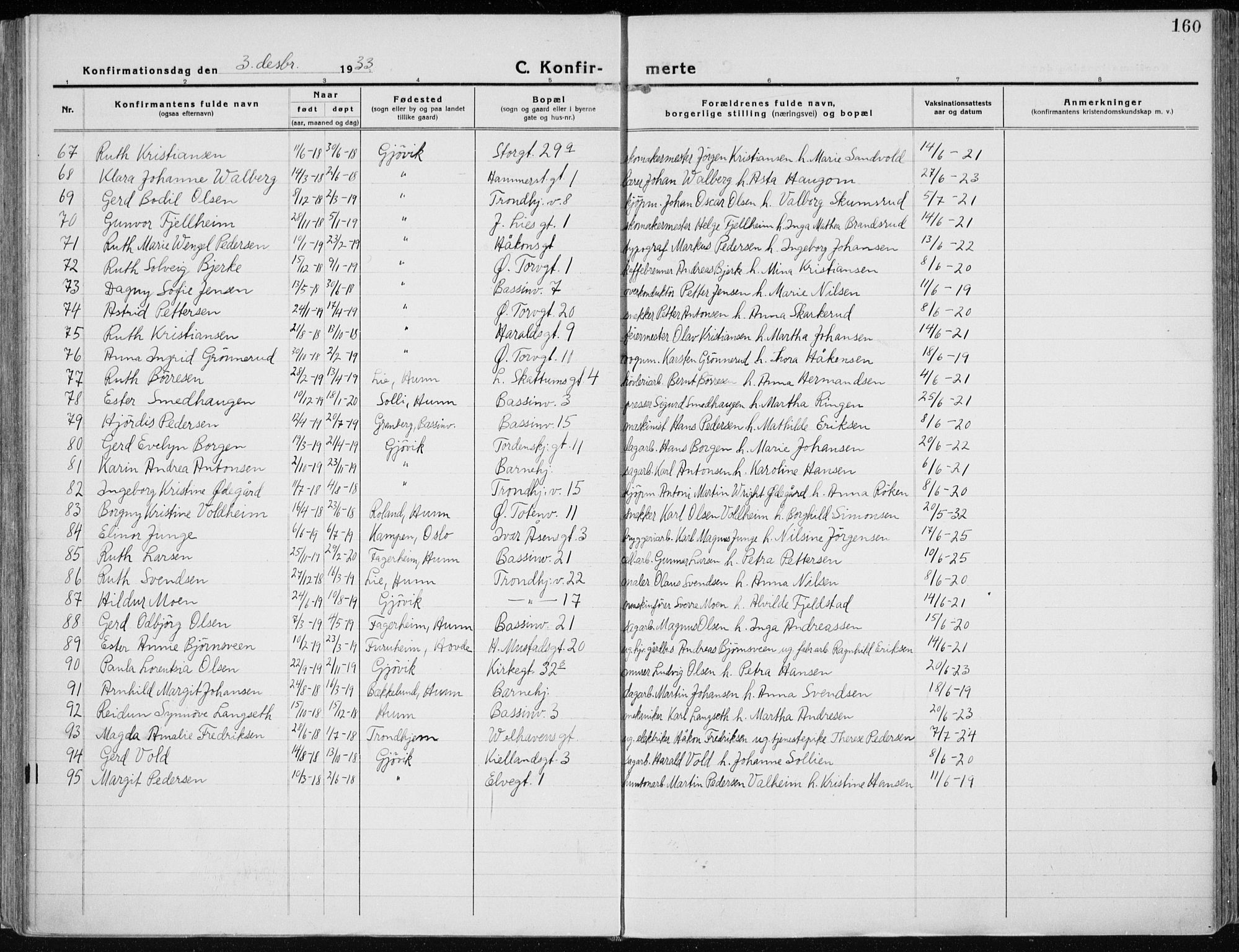 Vardal prestekontor, SAH/PREST-100/H/Ha/Haa/L0015: Parish register (official) no. 15, 1923-1937, p. 160