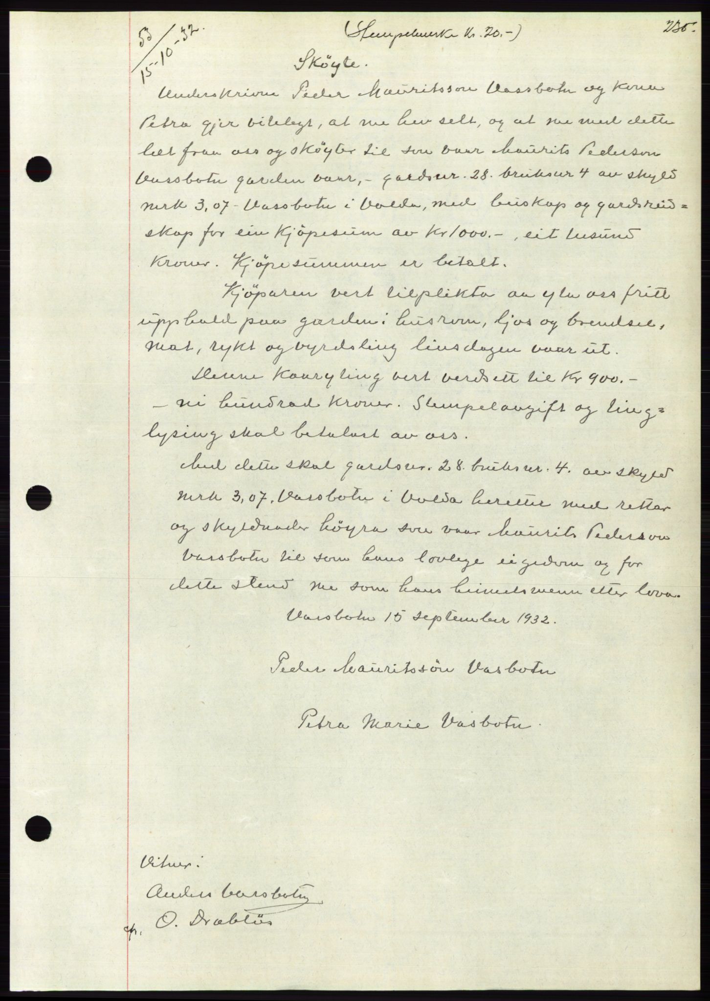 Søre Sunnmøre sorenskriveri, AV/SAT-A-4122/1/2/2C/L0054: Mortgage book no. 48, 1932-1933, Deed date: 15.10.1932