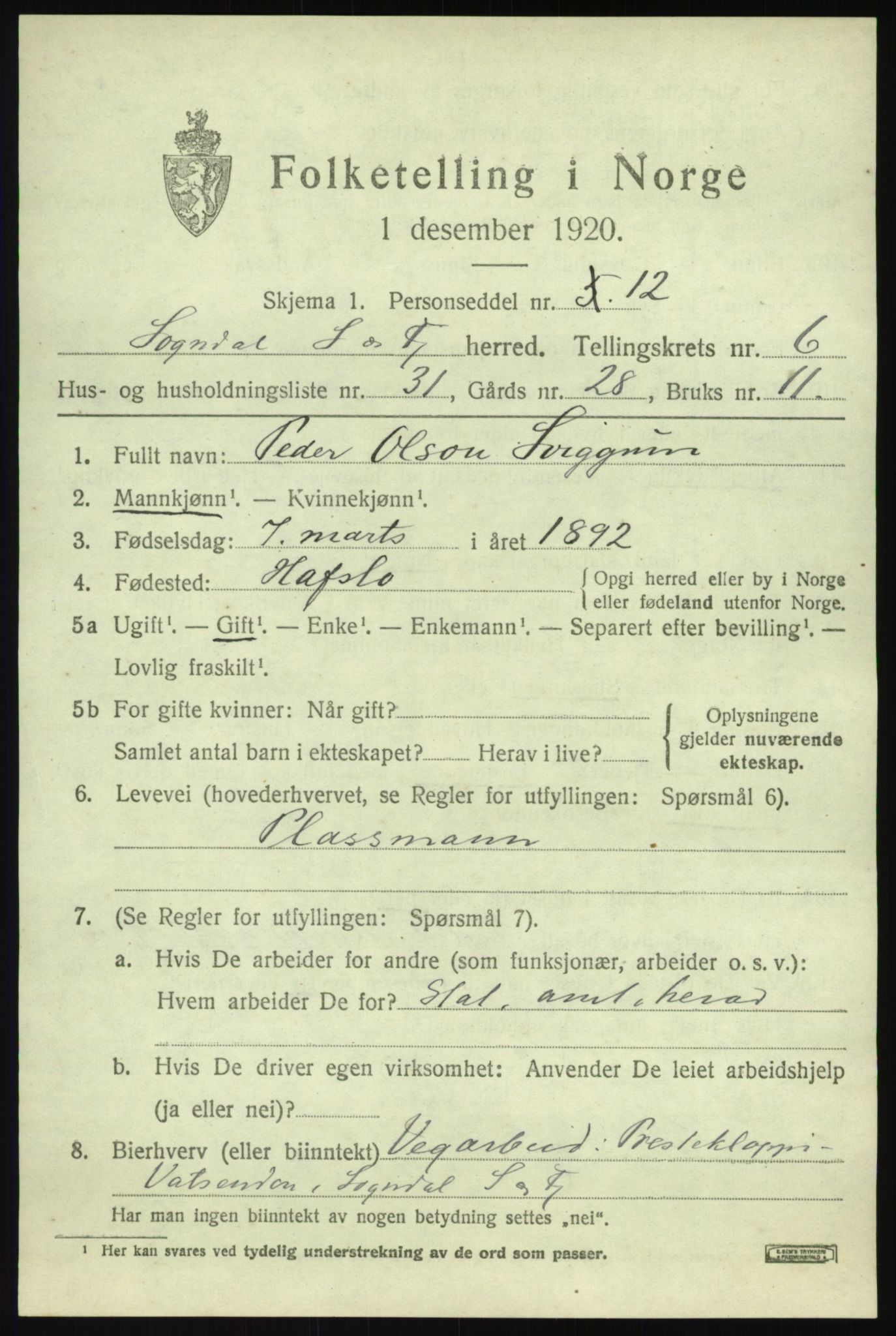 SAB, 1920 census for Sogndal, 1920, p. 3377