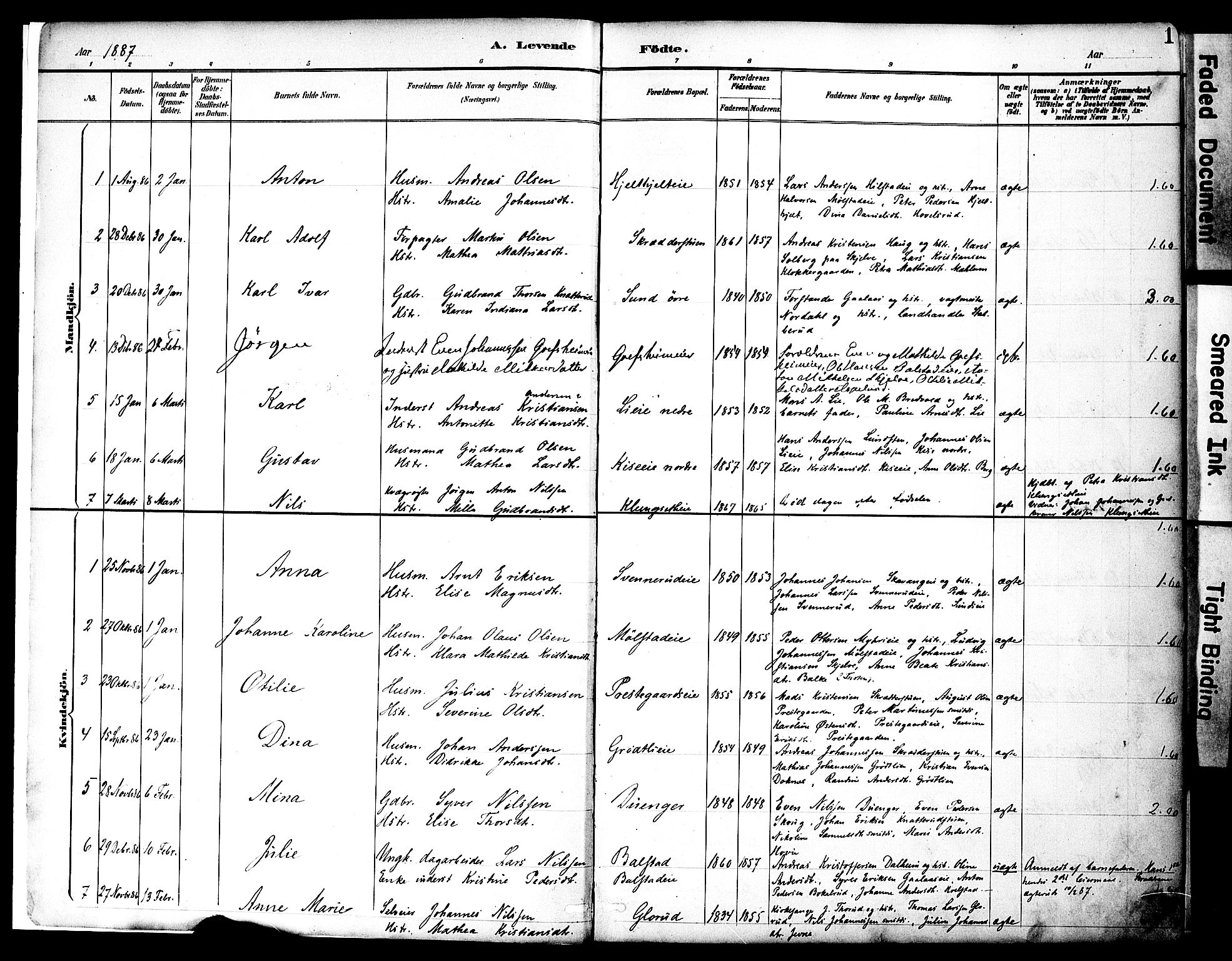 Nes prestekontor, Hedmark, SAH/PREST-020/K/Ka/L0009: Parish register (official) no. 9, 1887-1905, p. 1