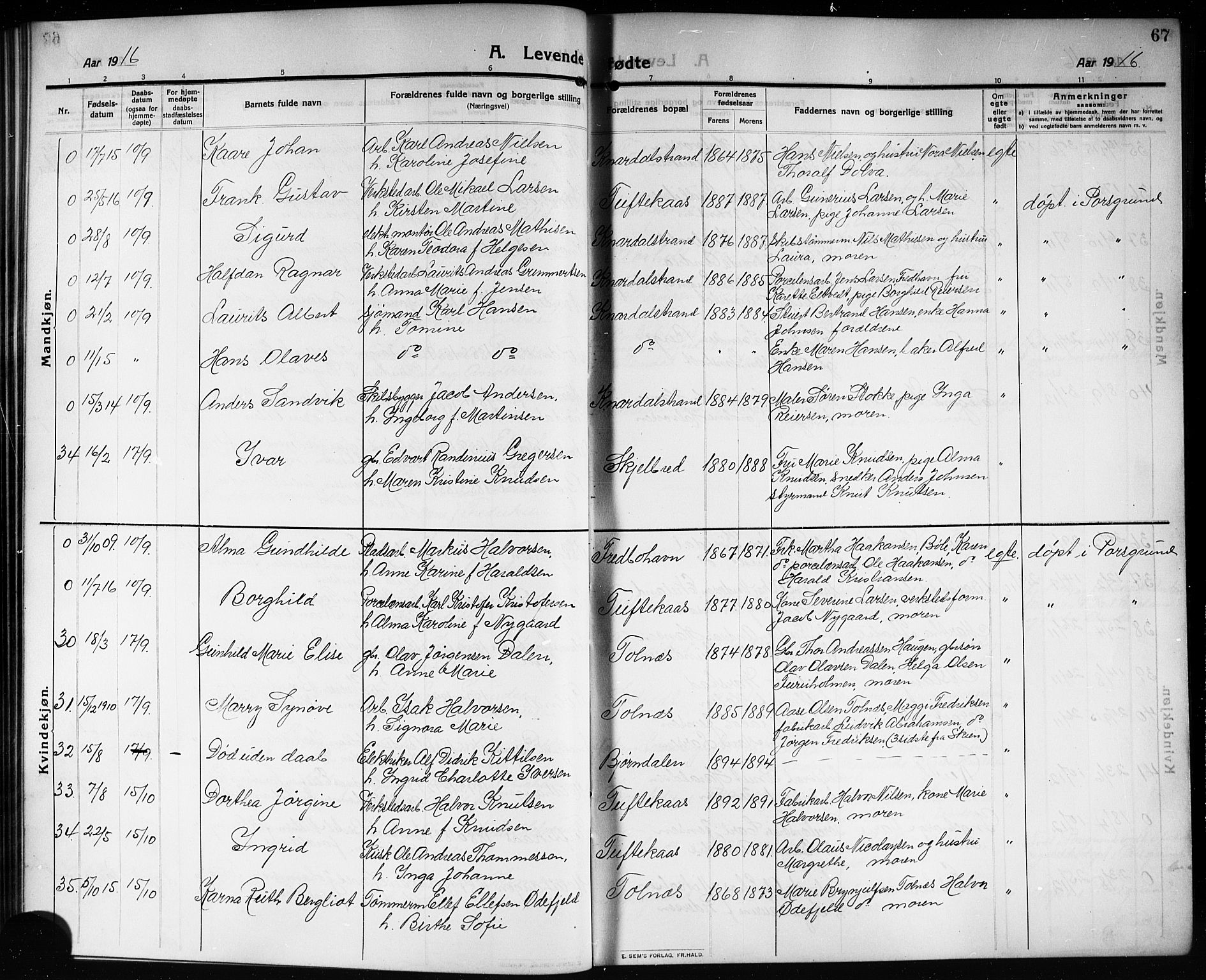 Solum kirkebøker, AV/SAKO-A-306/G/Ga/L0009: Parish register (copy) no. I 9, 1909-1922, p. 67