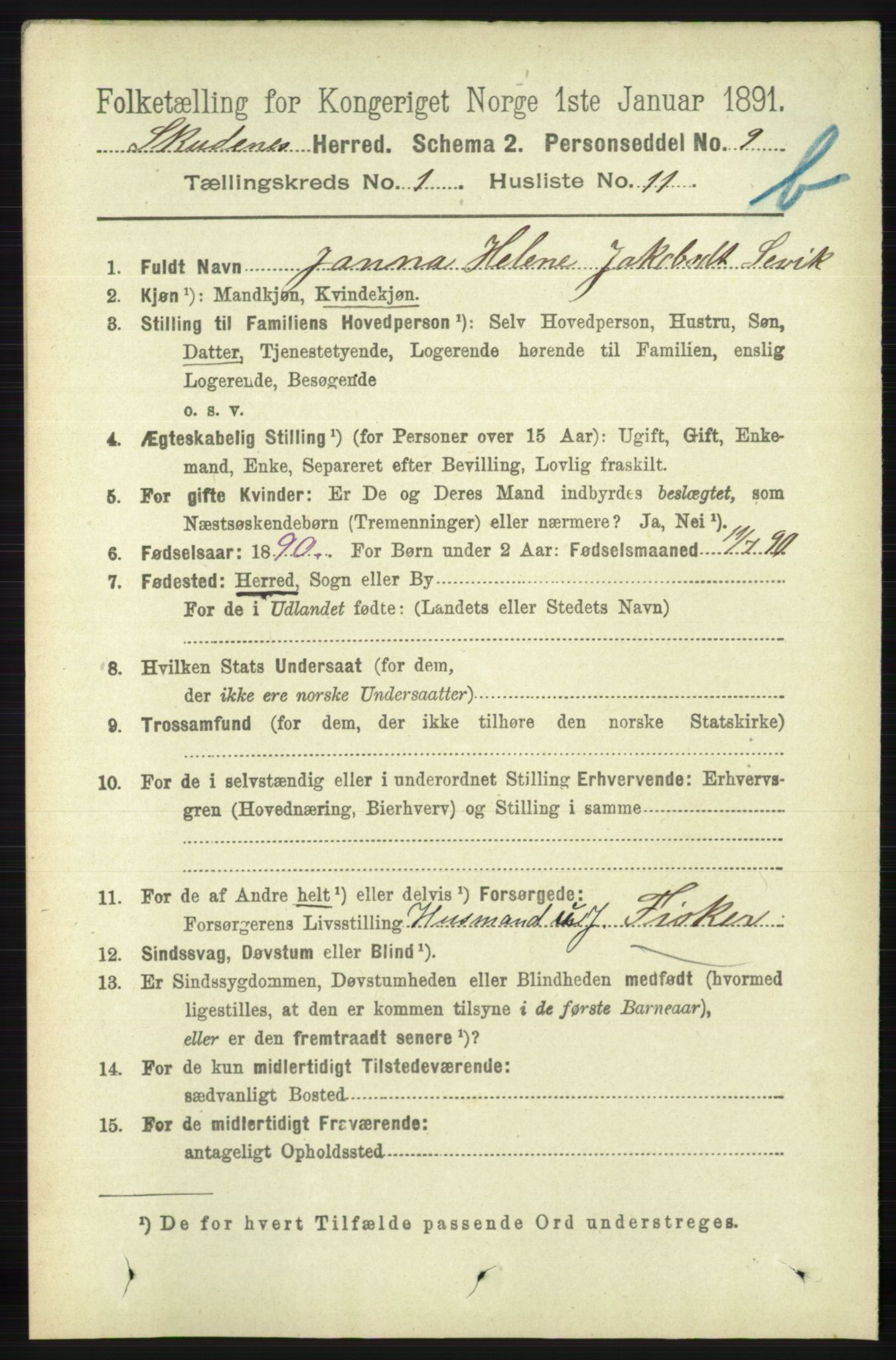 RA, 1891 census for 1150 Skudenes, 1891, p. 3464