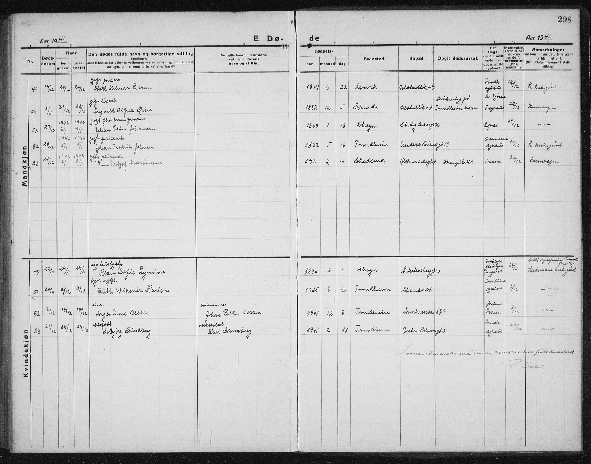 Ministerialprotokoller, klokkerbøker og fødselsregistre - Sør-Trøndelag, SAT/A-1456/605/L0260: Parish register (copy) no. 605C07, 1922-1942, p. 298