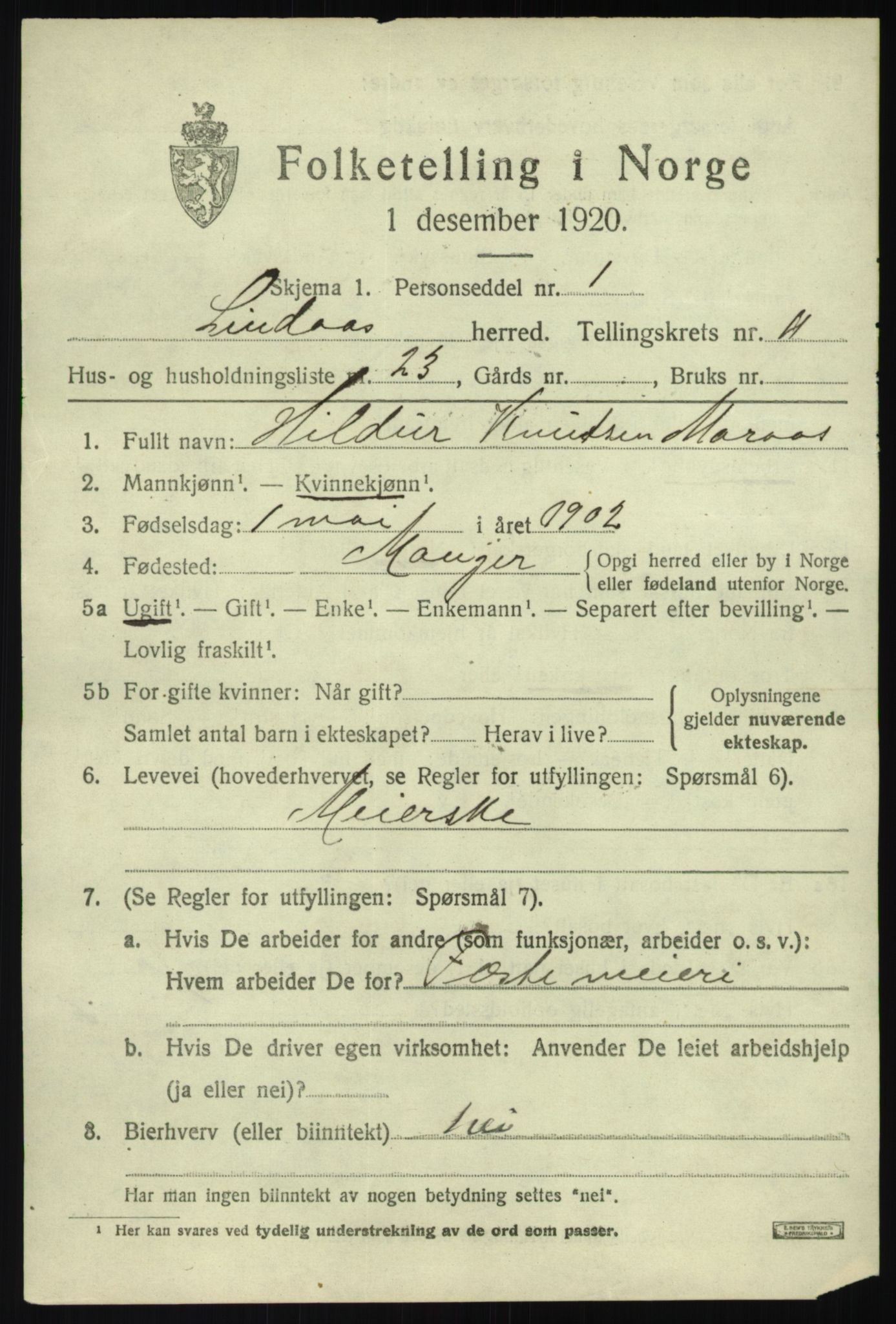 SAB, 1920 census for Lindås, 1920, p. 5919