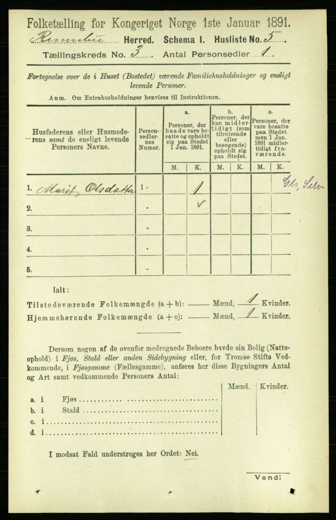 RA, 1891 census for 1635 Rennebu, 1891, p. 1290