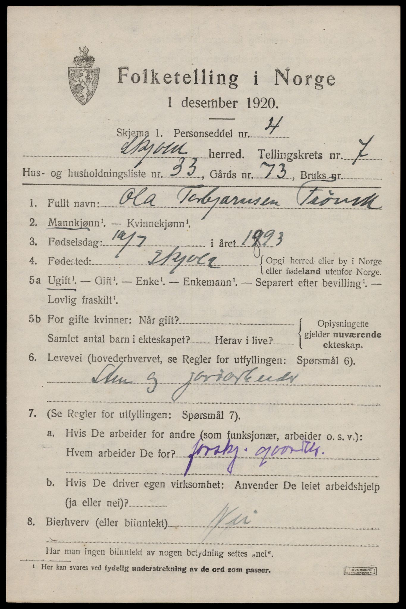 SAST, 1920 census for Skjold, 1920, p. 4180