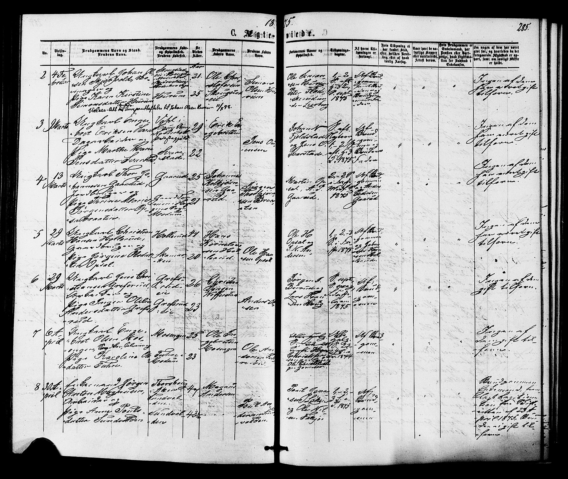 Hole kirkebøker, SAKO/A-228/F/Fa/L0007: Parish register (official) no. I 7, 1873-1877, p. 285