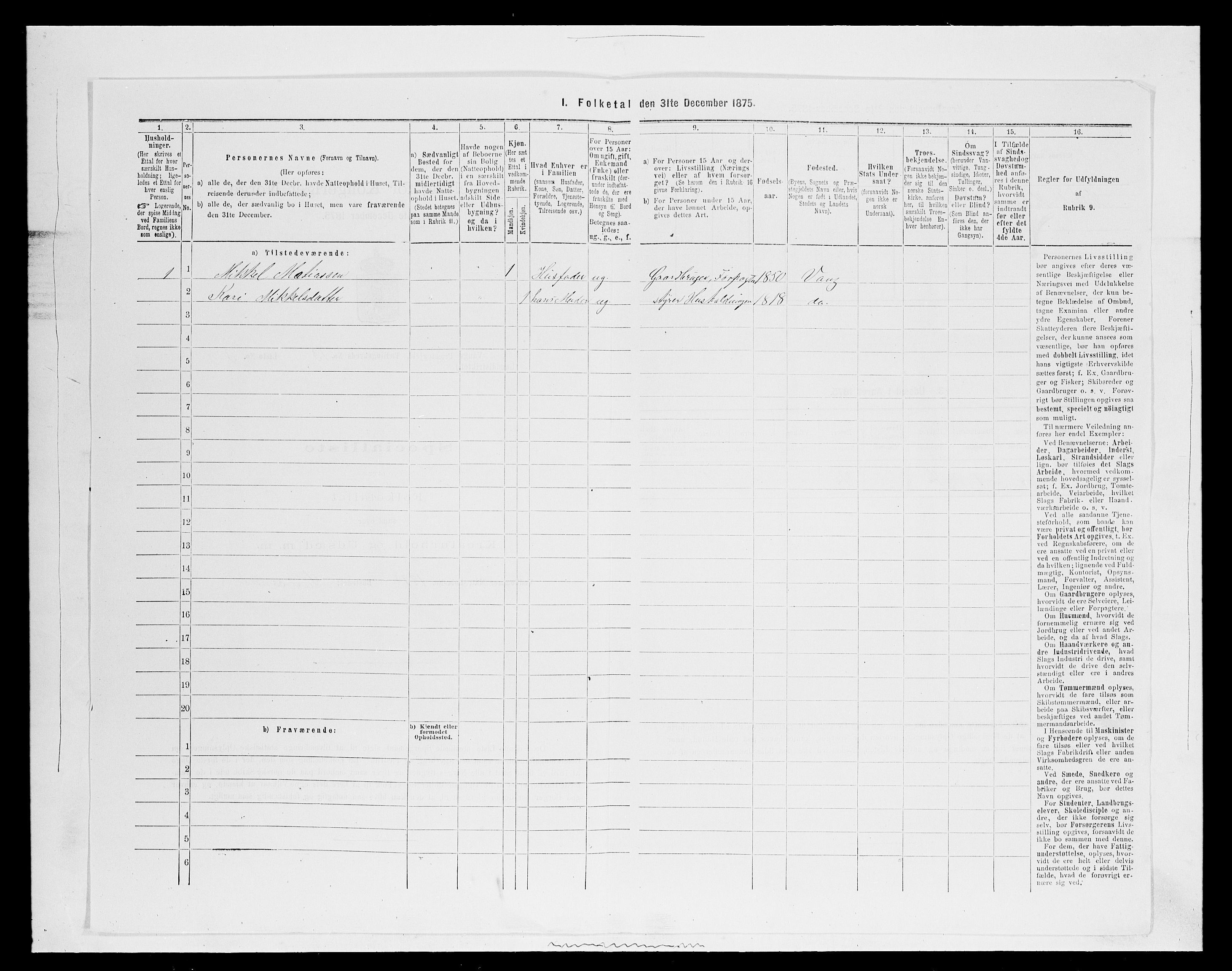 SAH, 1875 census for 0414L Vang/Vang og Furnes, 1875, p. 2836