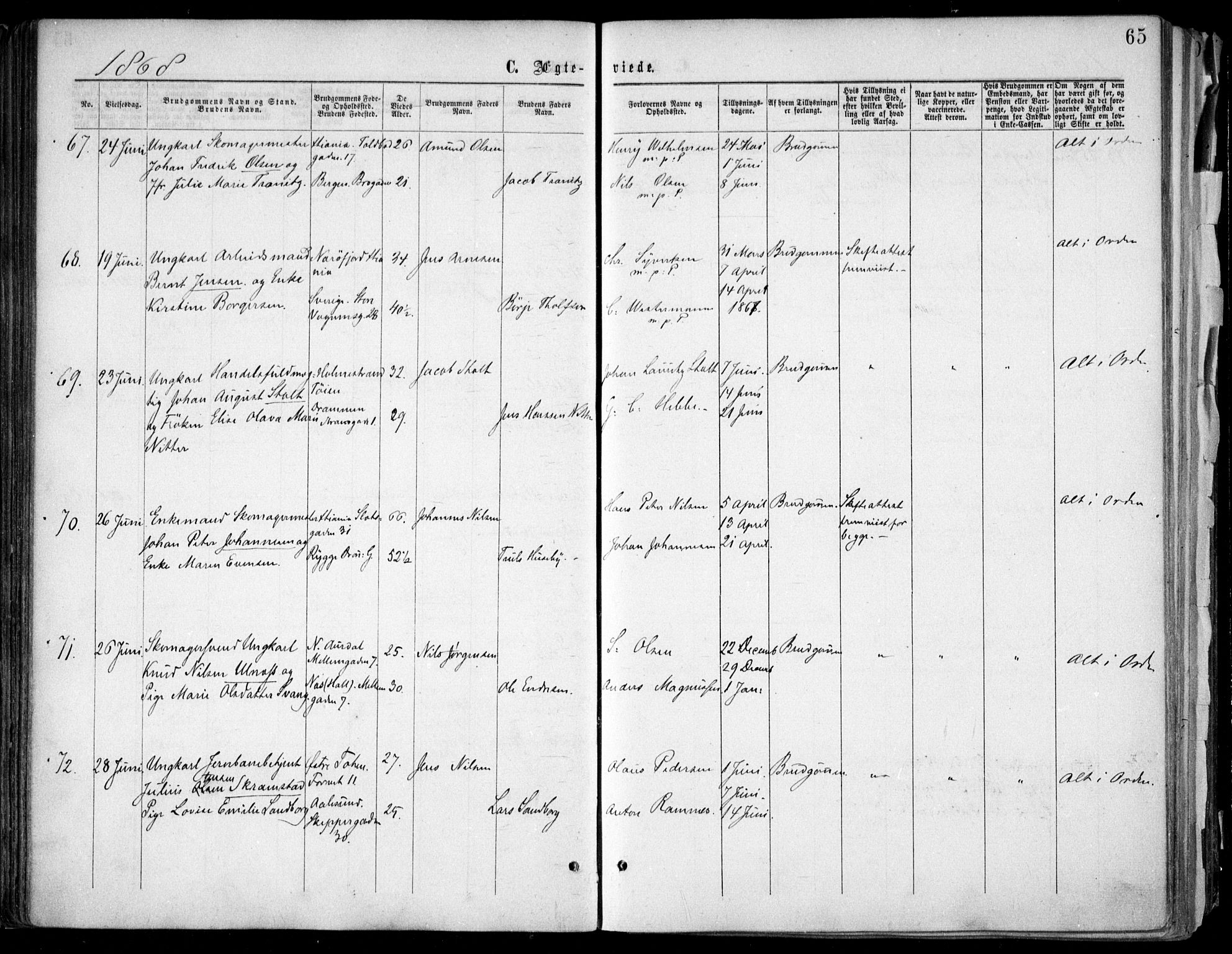 Oslo domkirke Kirkebøker, SAO/A-10752/F/Fa/L0021: Parish register (official) no. 21, 1865-1884, p. 65
