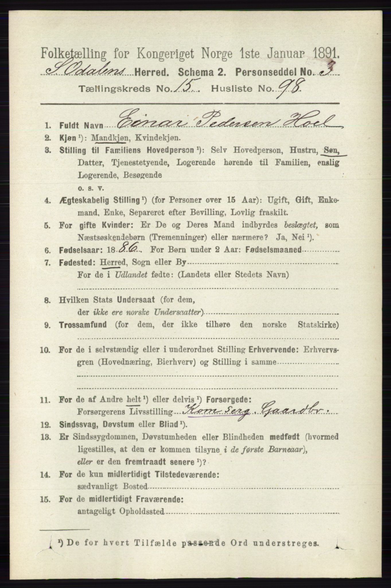 RA, 1891 census for 0419 Sør-Odal, 1891, p. 7169