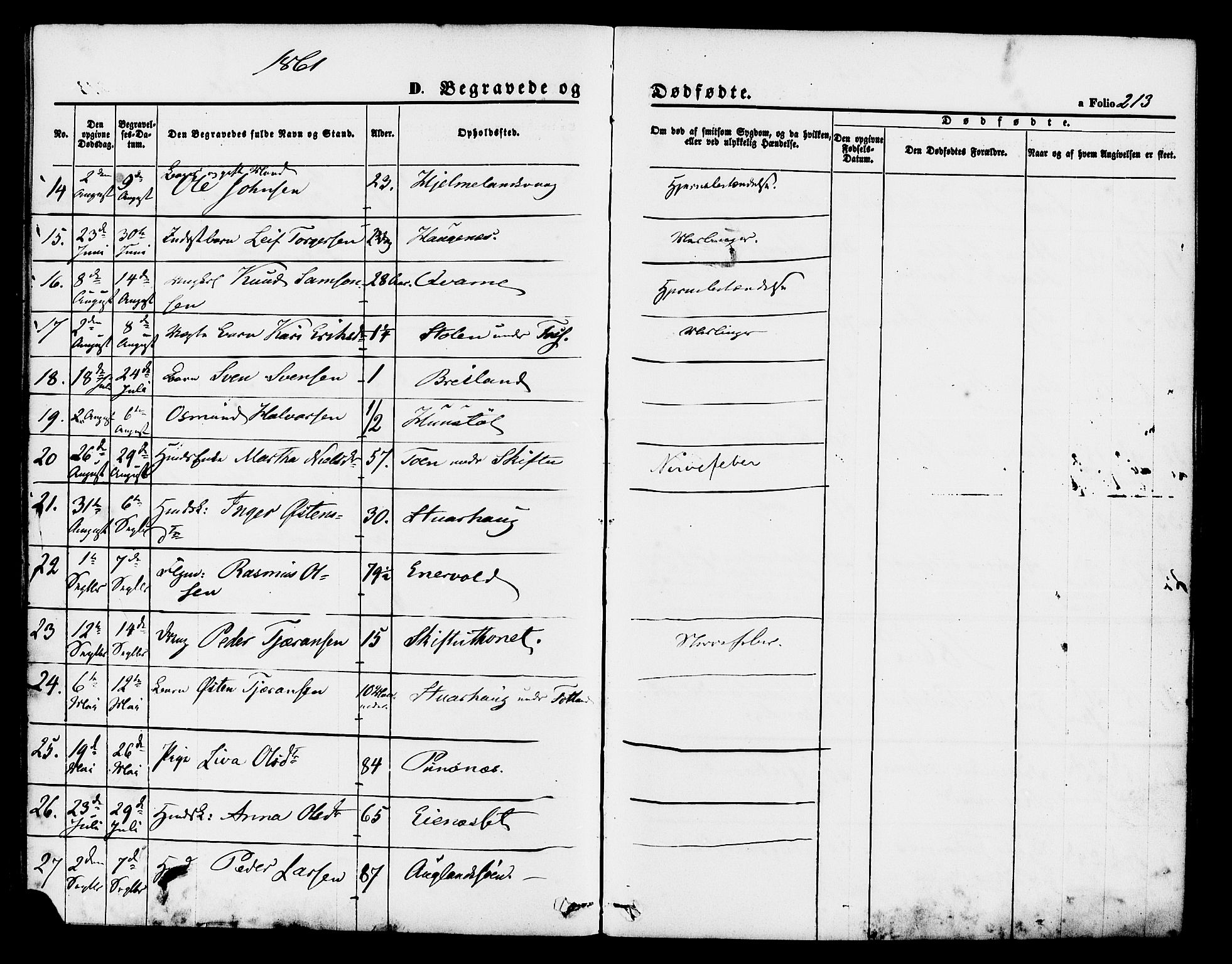 Hjelmeland sokneprestkontor, AV/SAST-A-101843/01/IV/L0011: Parish register (official) no. A 11, 1861-1878, p. 213