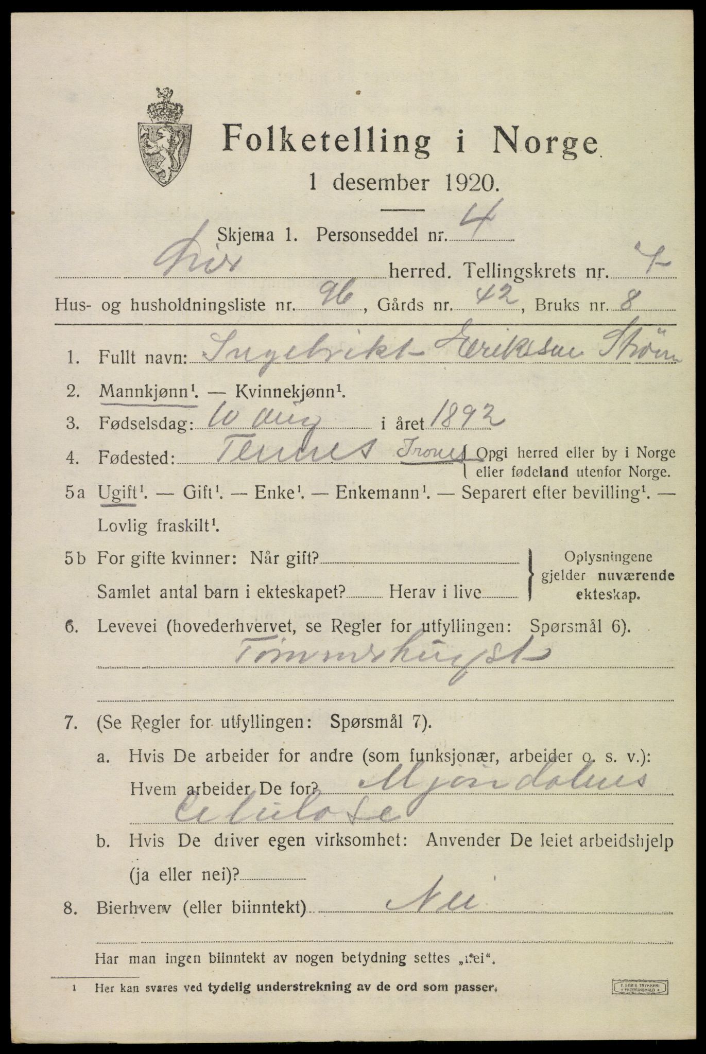 SAKO, 1920 census for Lier, 1920, p. 13696