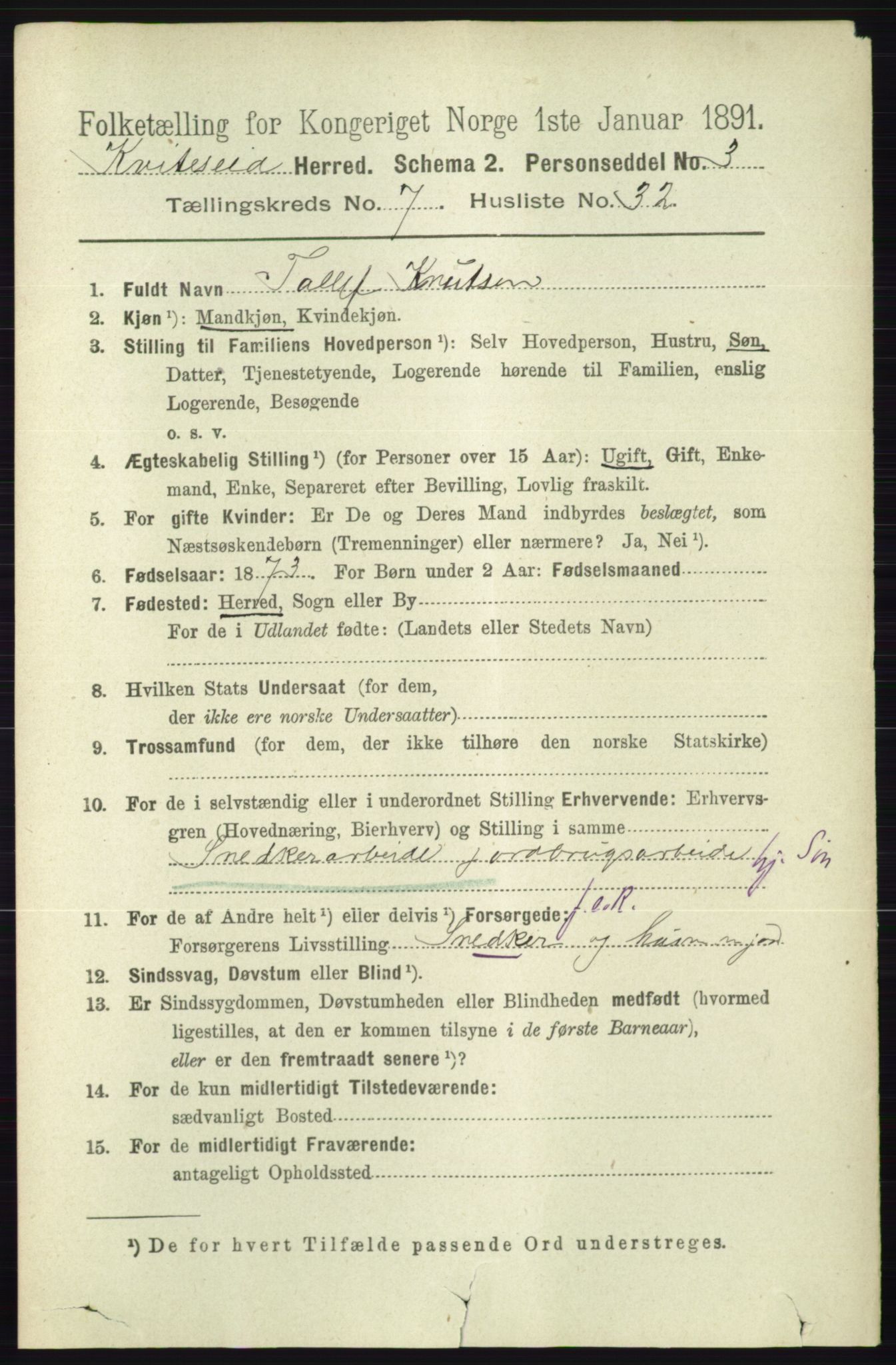 RA, 1891 census for 0829 Kviteseid, 1891, p. 1540