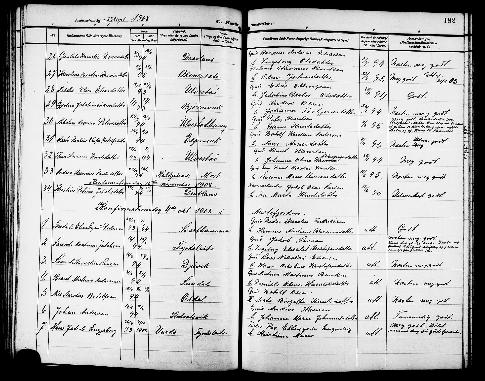 Ministerialprotokoller, klokkerbøker og fødselsregistre - Møre og Romsdal, SAT/A-1454/511/L0159: Parish register (copy) no. 511C05, 1902-1920, p. 182