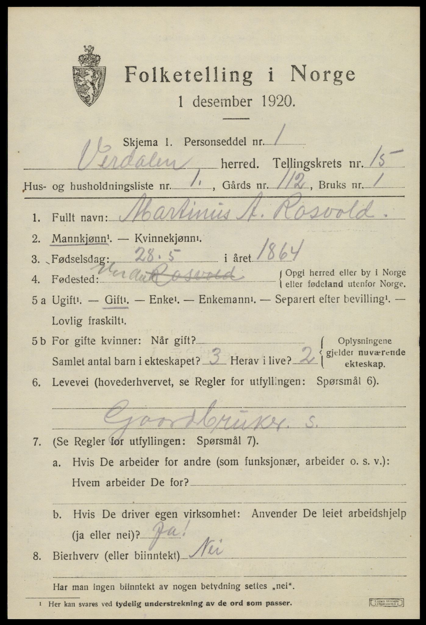 SAT, 1920 census for Verdal, 1920, p. 14203