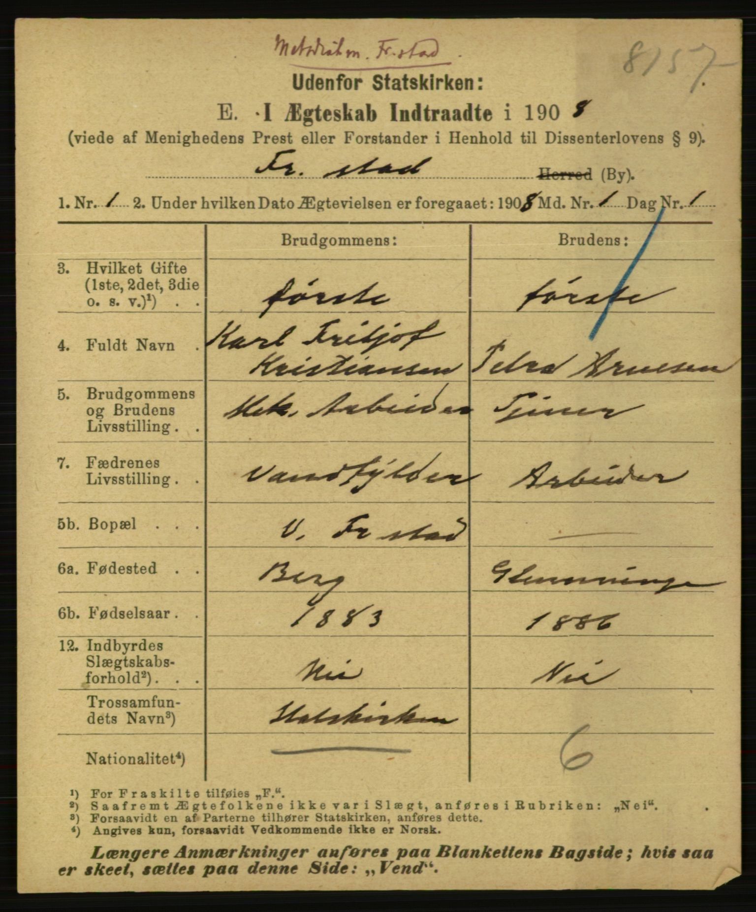 Statistisk sentralbyrå, Sosiodemografiske emner, Befolkning, RA/S-2228/E/L0006: Fødte, gifte, døde dissentere., 1908, p. 1785