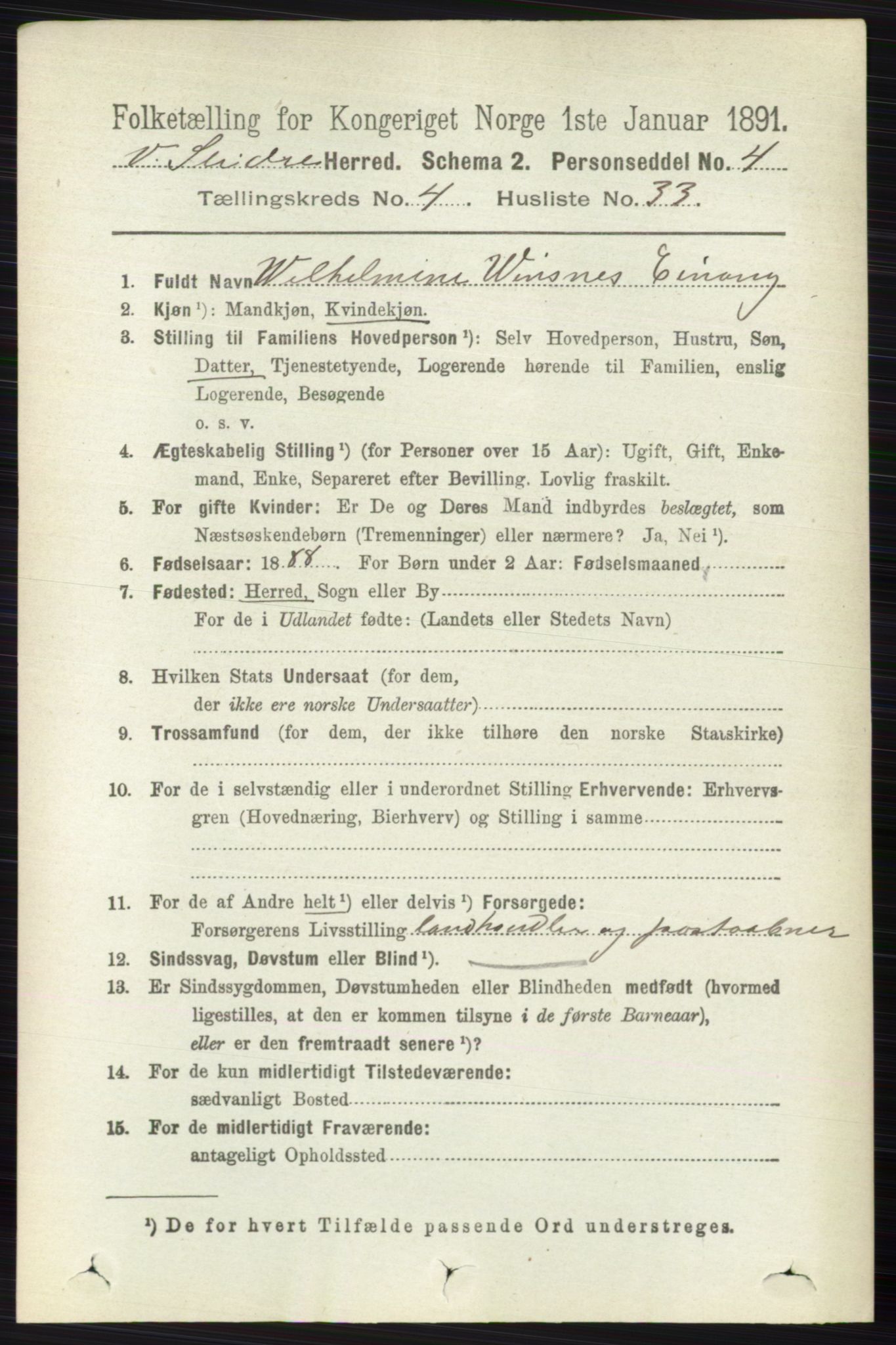 RA, 1891 census for 0543 Vestre Slidre, 1891, p. 1446