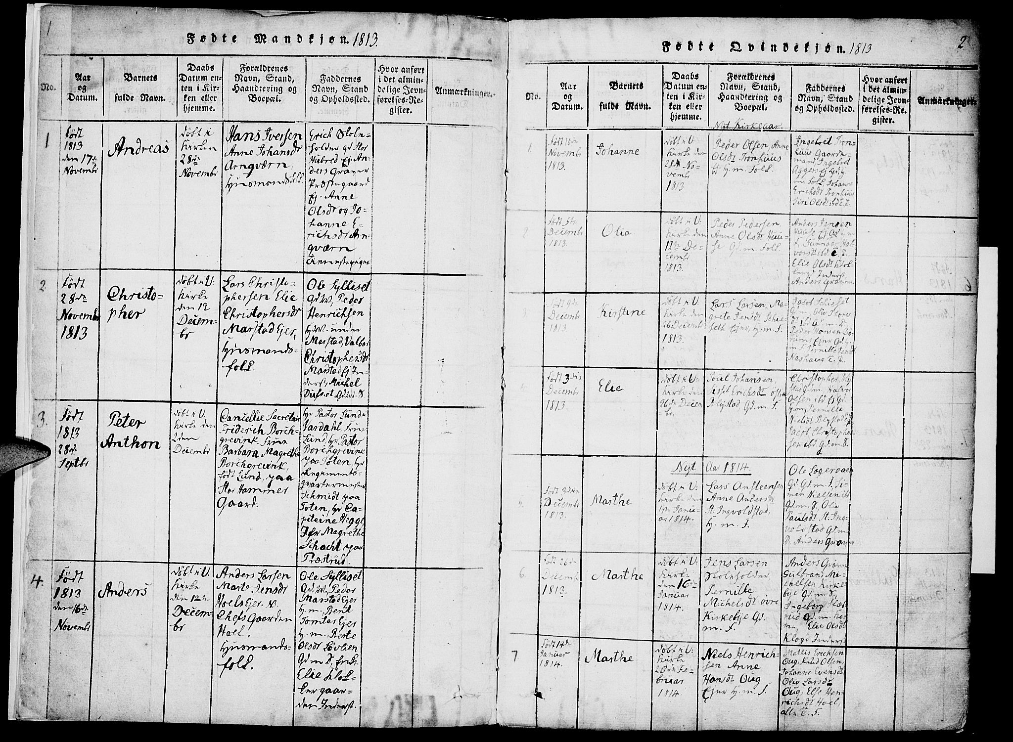 Vang prestekontor, Hedmark, SAH/PREST-008/H/Ha/Haa/L0007: Parish register (official) no. 7, 1813-1826, p. 1-2