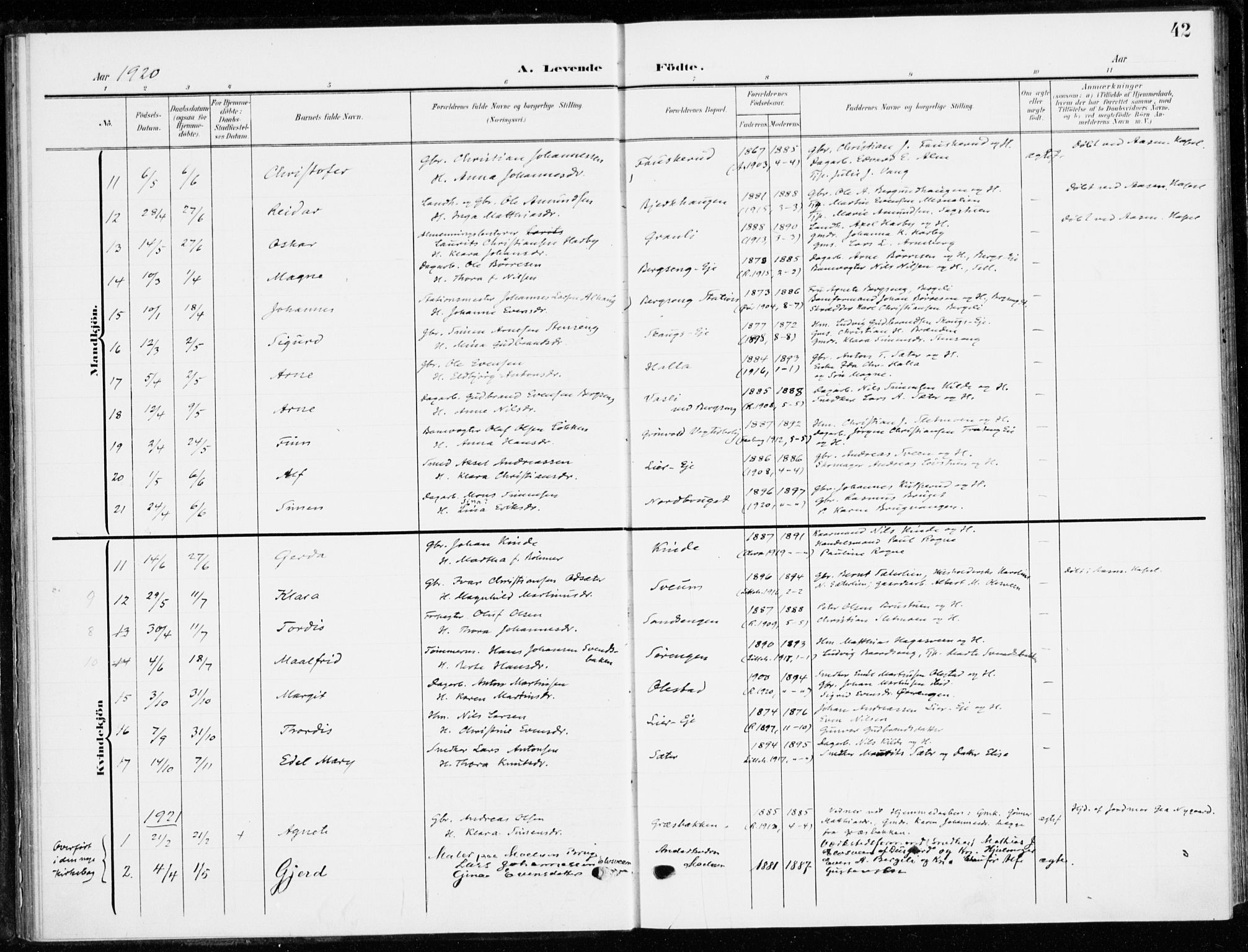 Ringsaker prestekontor, AV/SAH-PREST-014/K/Ka/L0021: Parish register (official) no. 21, 1905-1920, p. 42