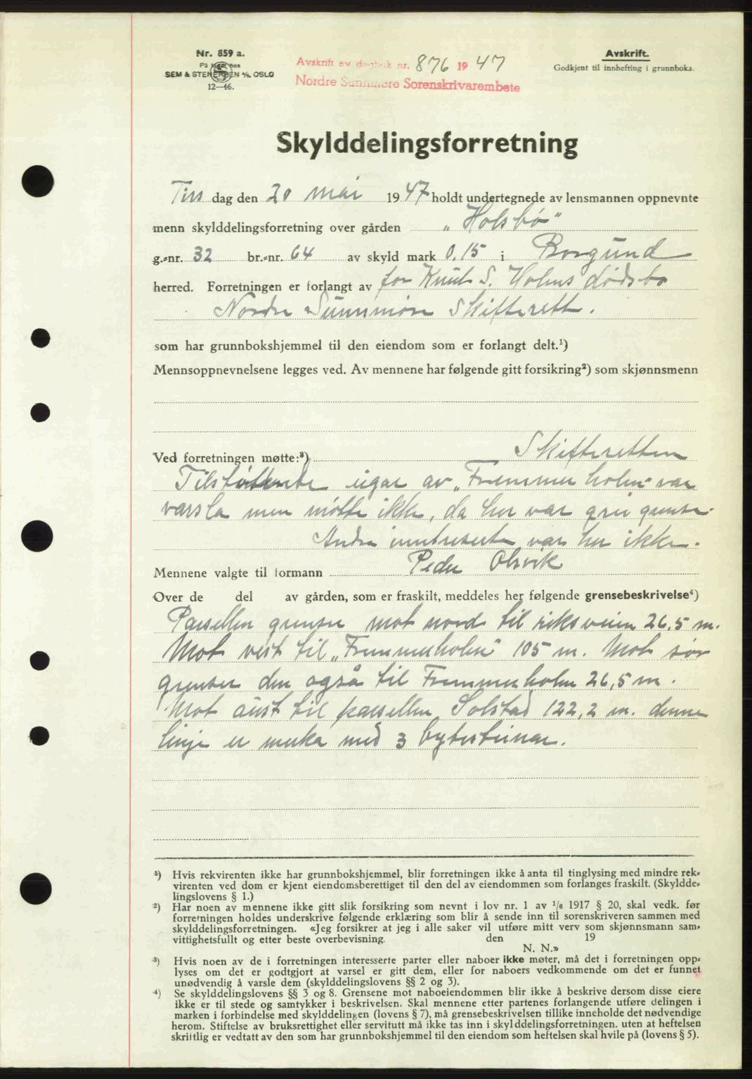 Nordre Sunnmøre sorenskriveri, AV/SAT-A-0006/1/2/2C/2Ca: Mortgage book no. A24, 1947-1947, Diary no: : 876/1947