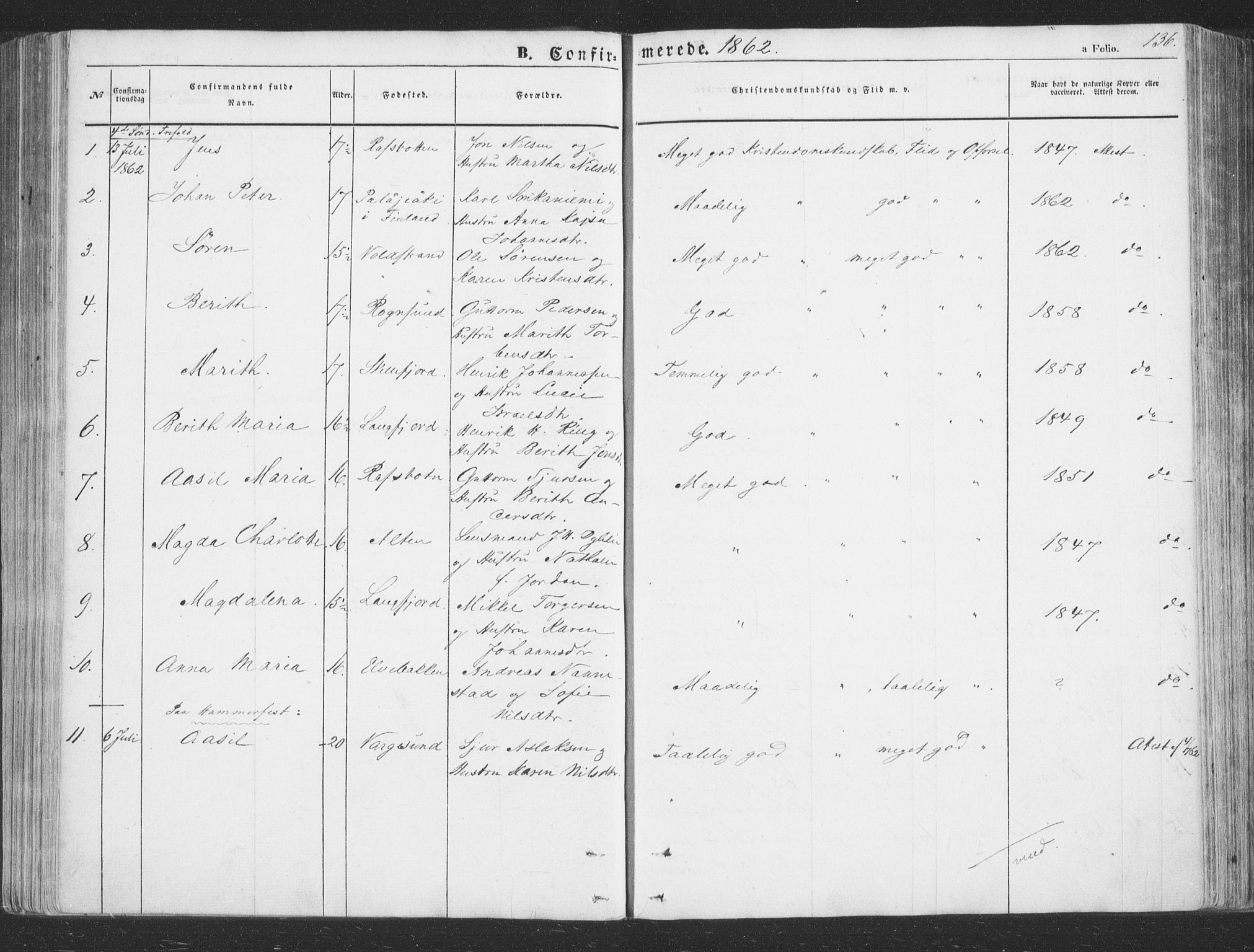 Talvik sokneprestkontor, SATØ/S-1337/H/Ha/L0010kirke: Parish register (official) no. 10, 1852-1864, p. 136