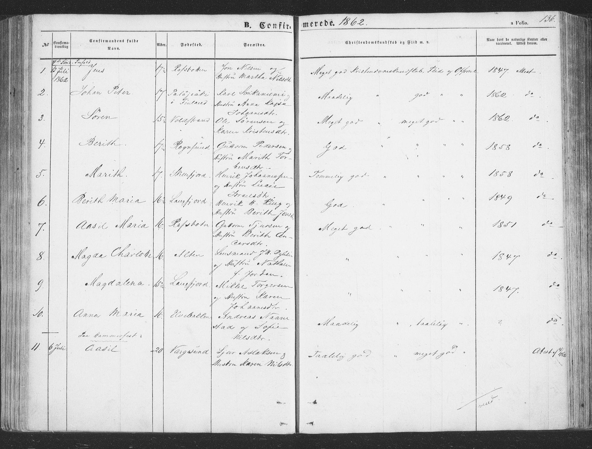 Talvik sokneprestkontor, AV/SATØ-S-1337/H/Ha/L0010kirke: Parish register (official) no. 10, 1852-1864, p. 136