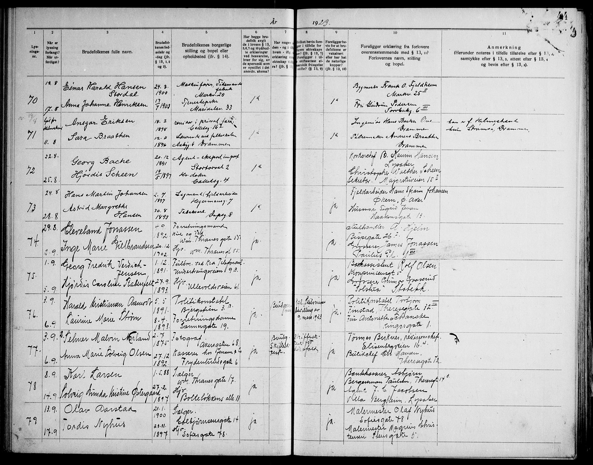 Gamle Aker prestekontor Kirkebøker, AV/SAO-A-10617a/H/L0006: Banns register no. 6, 1920-1928, p. 44