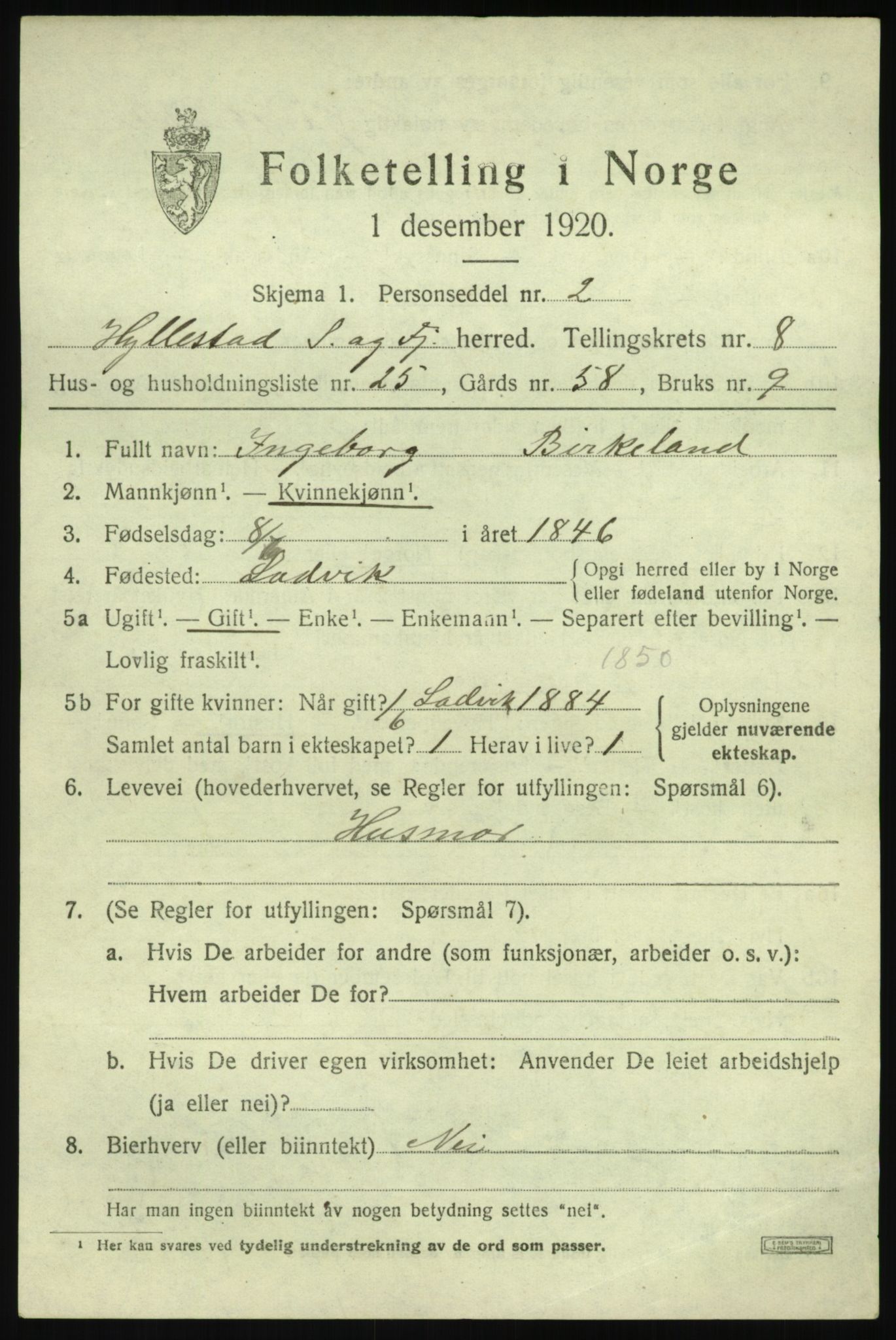 SAB, 1920 census for Hyllestad, 1920, p. 3500