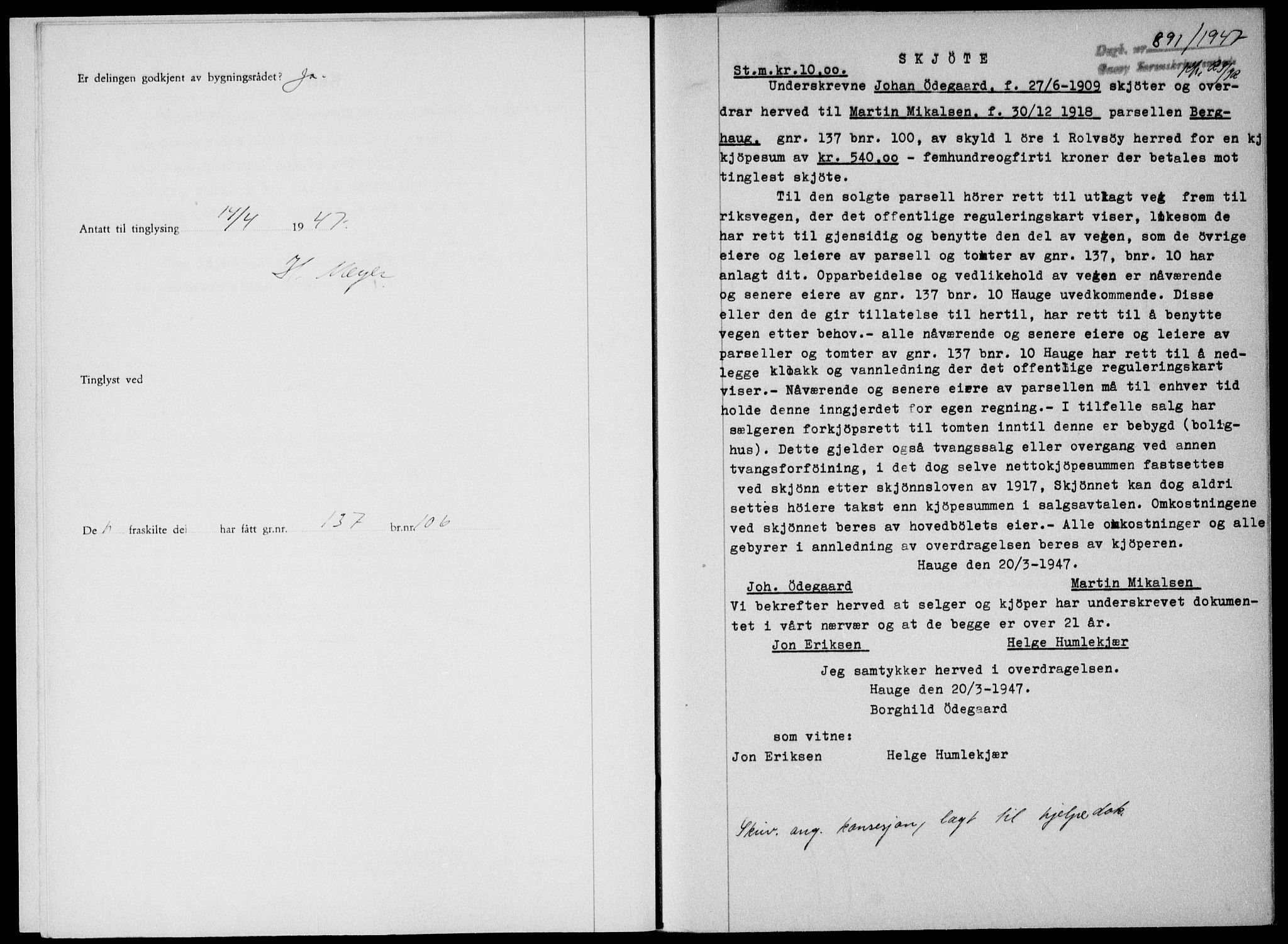 Onsøy sorenskriveri, SAO/A-10474/G/Ga/Gab/L0019b: Mortgage book no. II A-19 B, 1947-1947, Diary no: : 891/1947