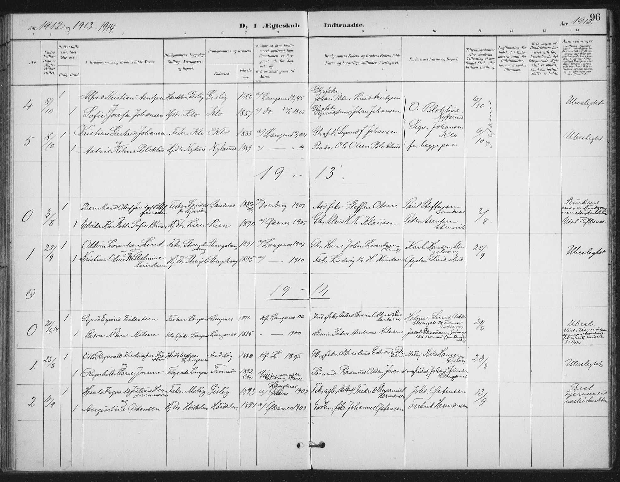 Ministerialprotokoller, klokkerbøker og fødselsregistre - Nordland, AV/SAT-A-1459/894/L1356: Parish register (official) no. 894A02, 1897-1914, p. 96