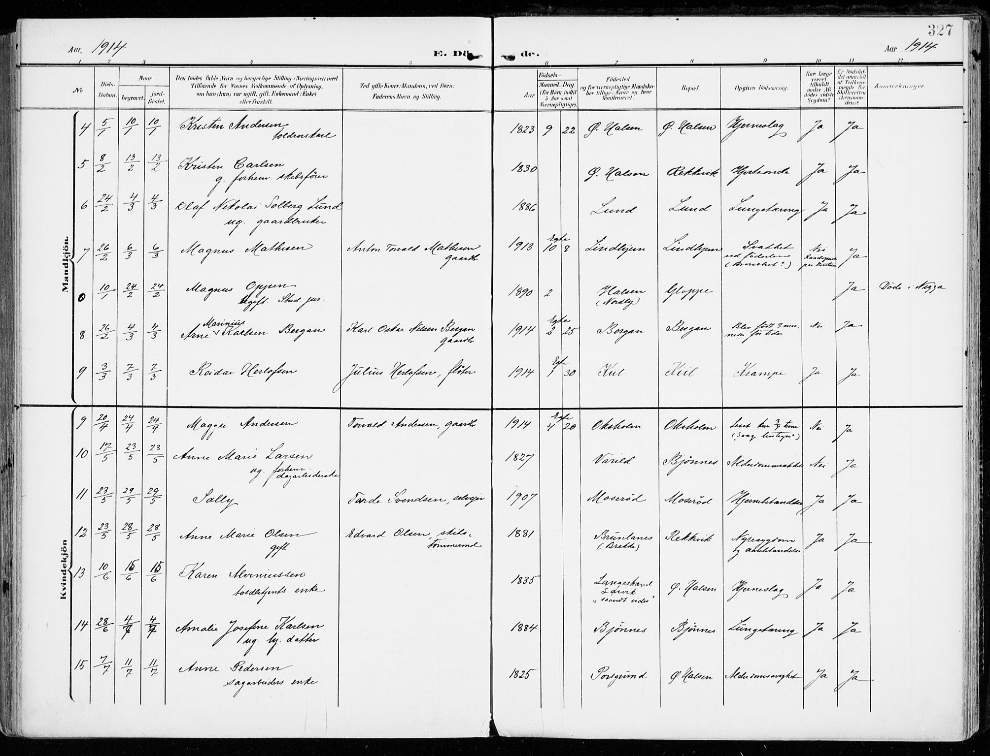 Tjølling kirkebøker, SAKO/A-60/F/Fa/L0010: Parish register (official) no. 10, 1906-1923, p. 327