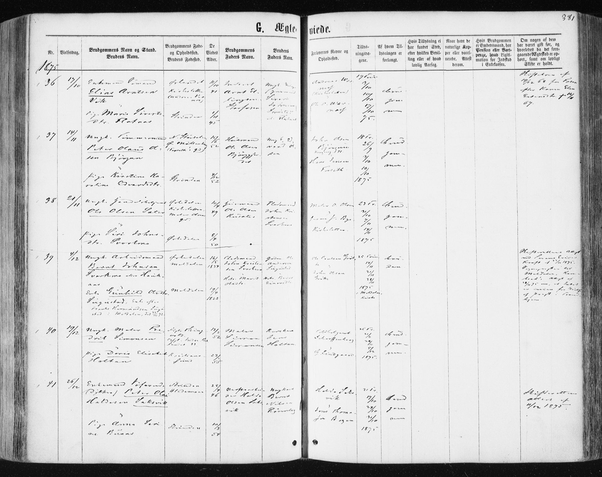 Ministerialprotokoller, klokkerbøker og fødselsregistre - Sør-Trøndelag, SAT/A-1456/604/L0186: Parish register (official) no. 604A07, 1866-1877, p. 381
