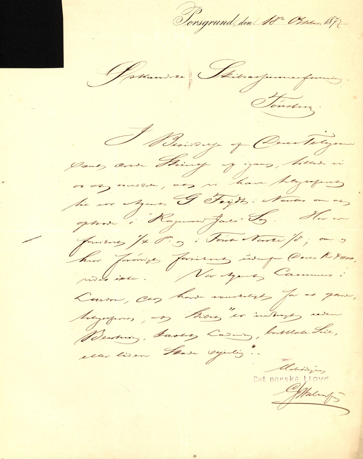 Pa 63 - Østlandske skibsassuranceforening, VEMU/A-1079/G/Ga/L0009/0016: Havaridokumenter / Ragnvald Jarl, 1877
