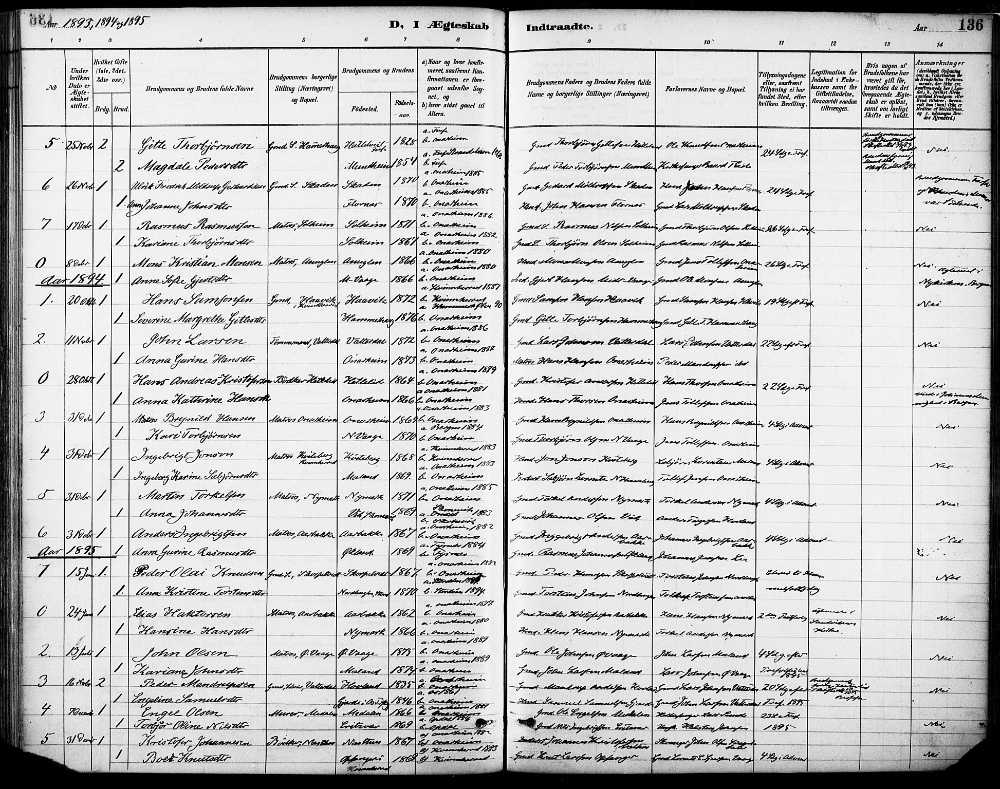 Tysnes sokneprestembete, AV/SAB-A-78601/H/Haa: Parish register (official) no. C 1, 1887-1912, p. 136