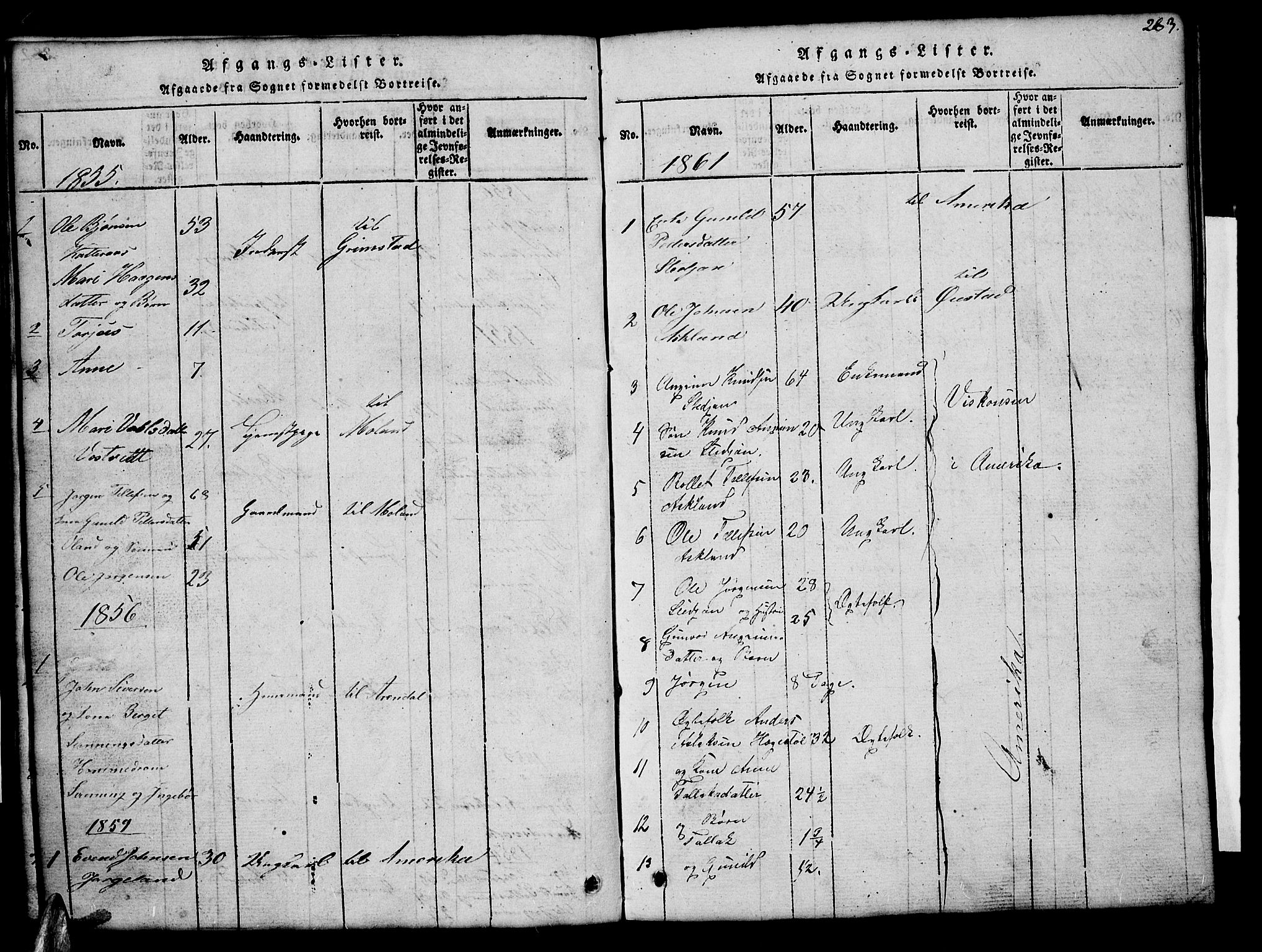 Åmli sokneprestkontor, SAK/1111-0050/F/Fb/Fba/L0001: Parish register (copy) no. B 1, 1816-1890, p. 283