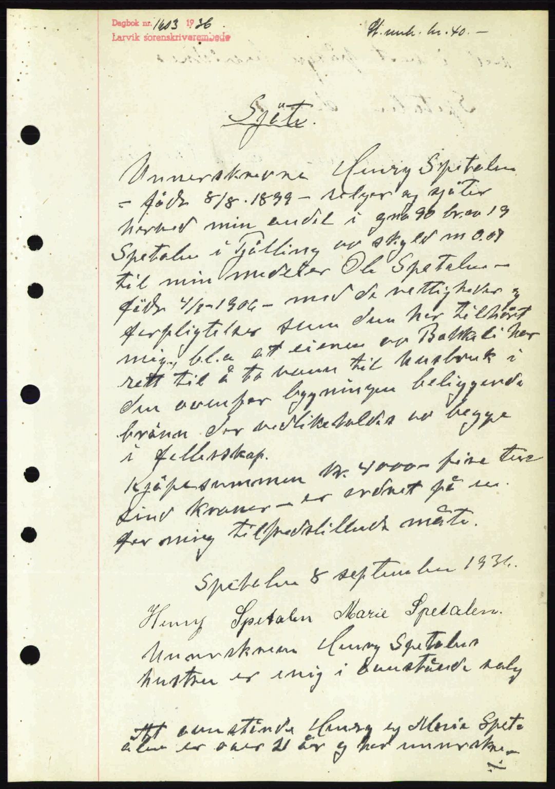 Larvik sorenskriveri, SAKO/A-83/G/Ga/Gab/L0067: Mortgage book no. A-1, 1936-1937, Diary no: : 1603/1936