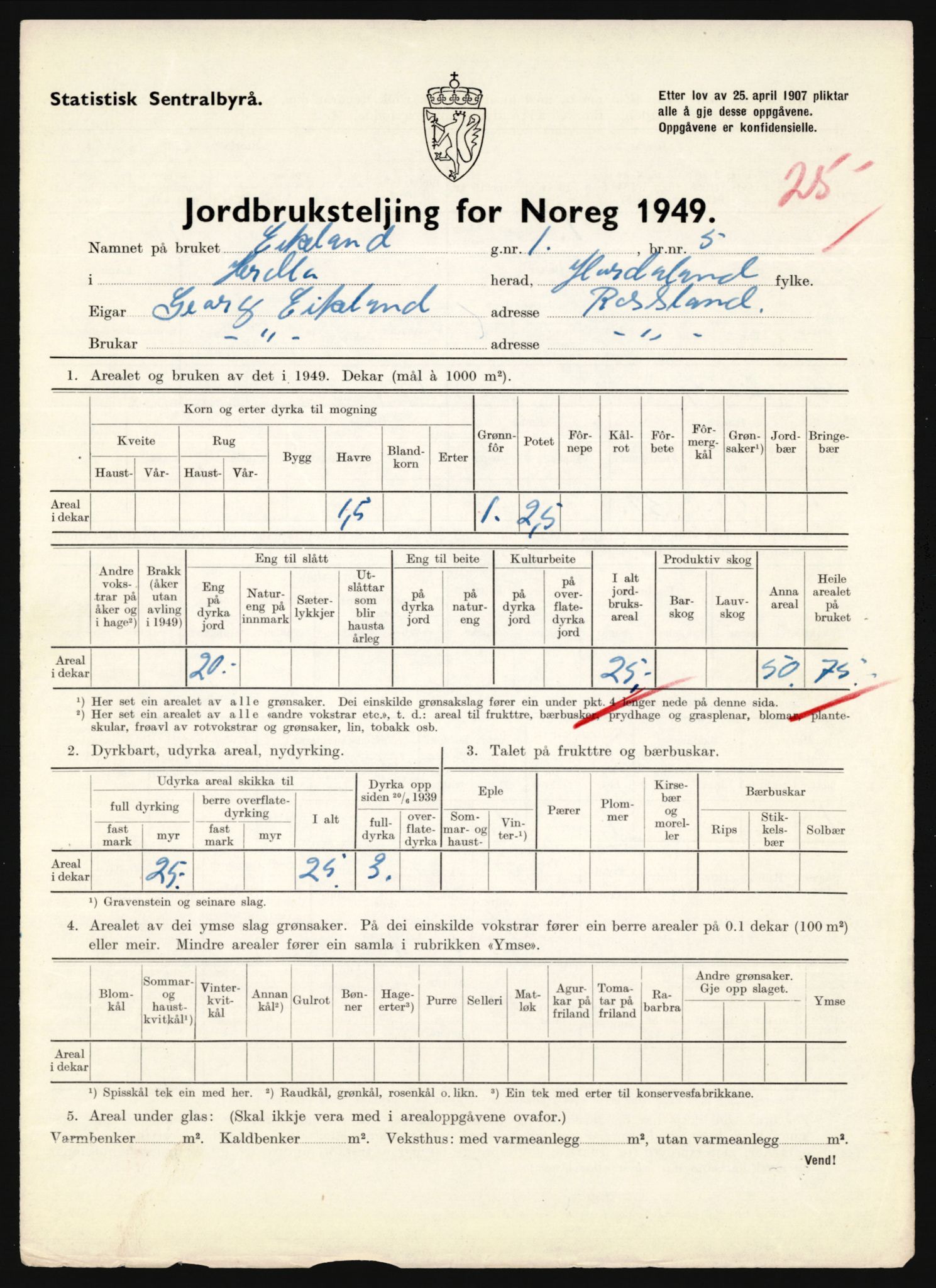 Statistisk sentralbyrå, Næringsøkonomiske emner, Jordbruk, skogbruk, jakt, fiske og fangst, AV/RA-S-2234/G/Gc/L0276: Hordaland: Herdla og Hjelme, 1949, p. 1010