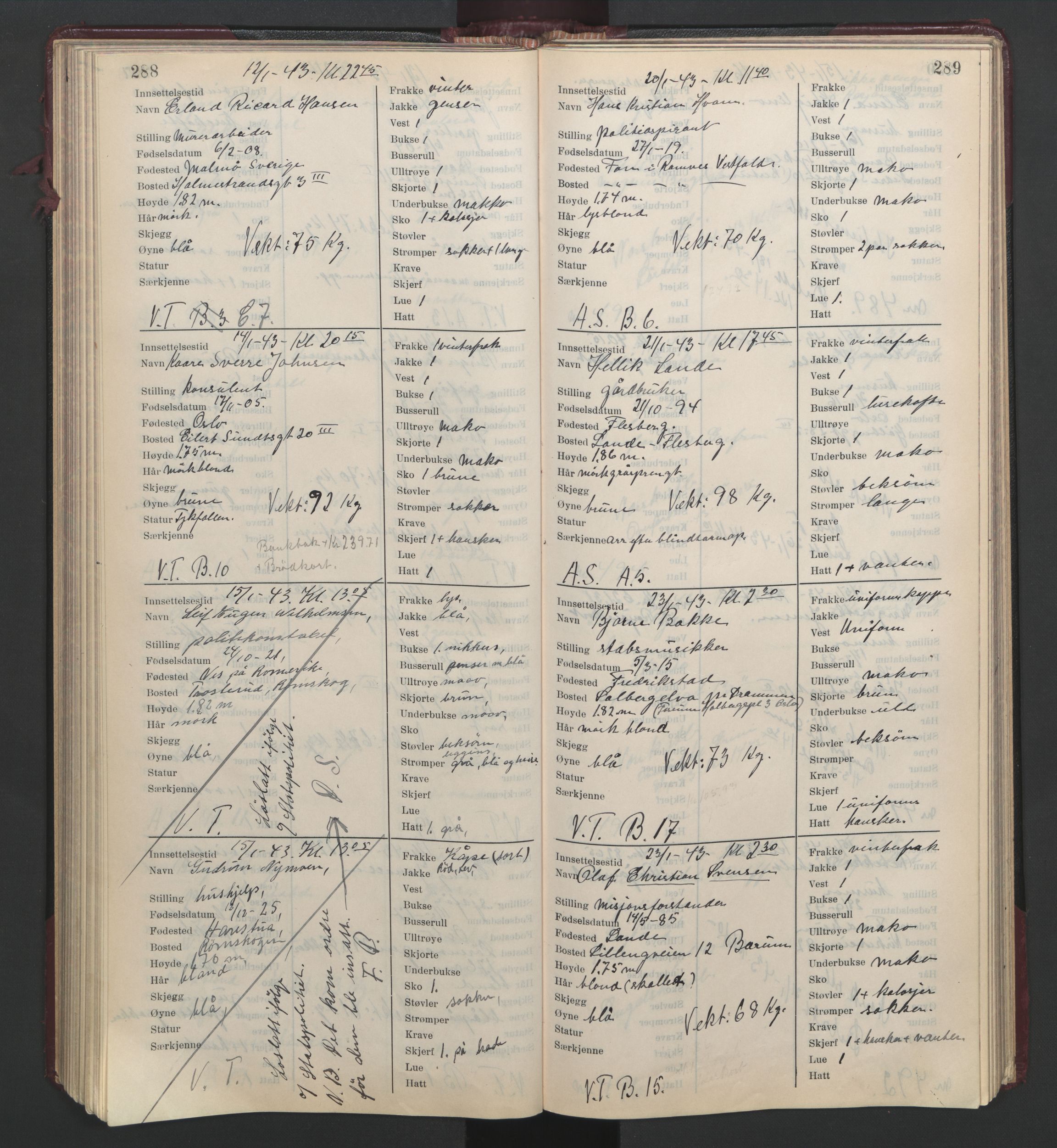 Statspolitiet - Hovedkontoret / Osloavdelingen, AV/RA-S-1329/C/Cl/L0014: Mottakelsesprotokoll, 1941-1944, p. 288-289