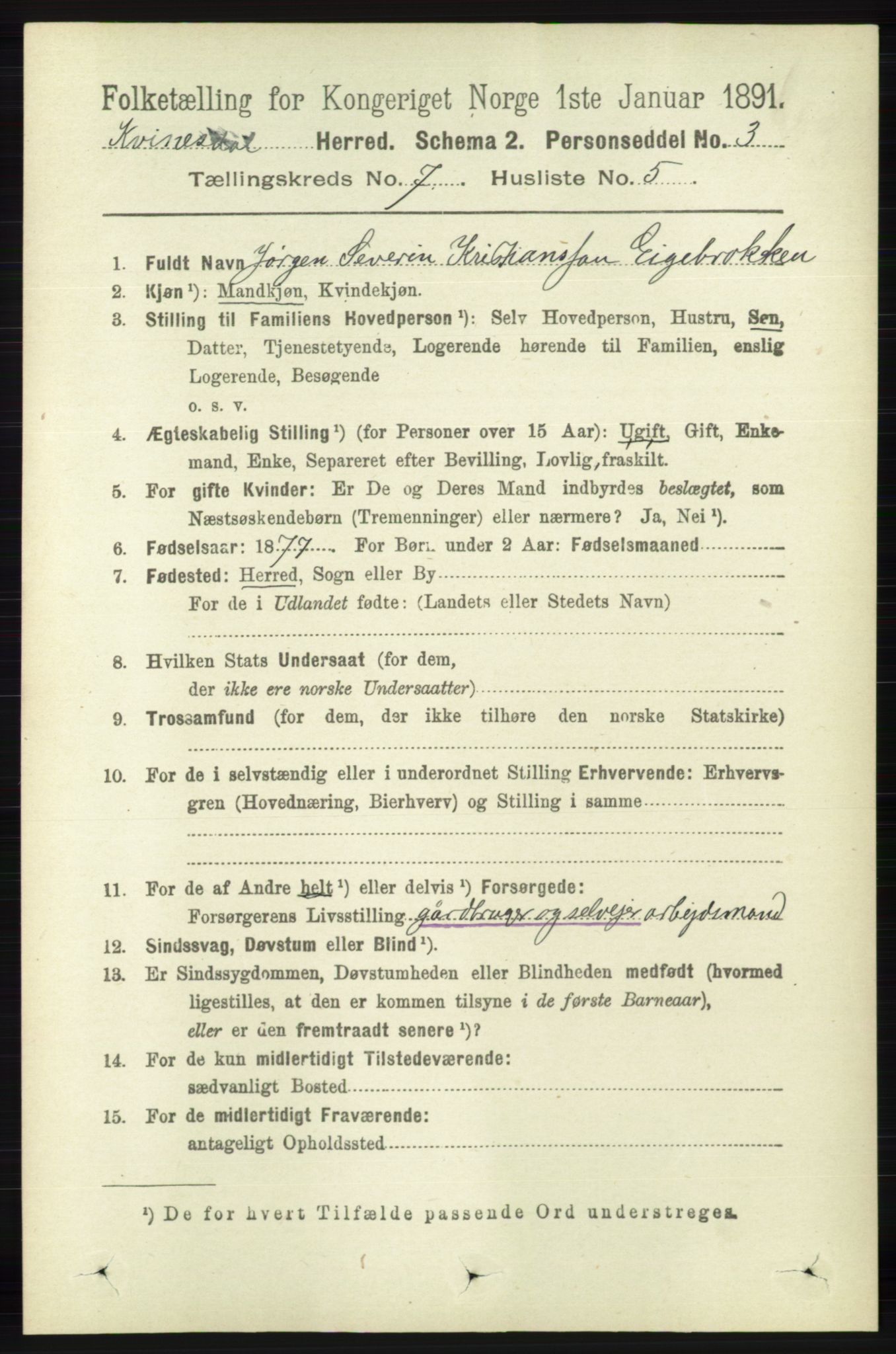 RA, 1891 census for 1037 Kvinesdal, 1891, p. 2448